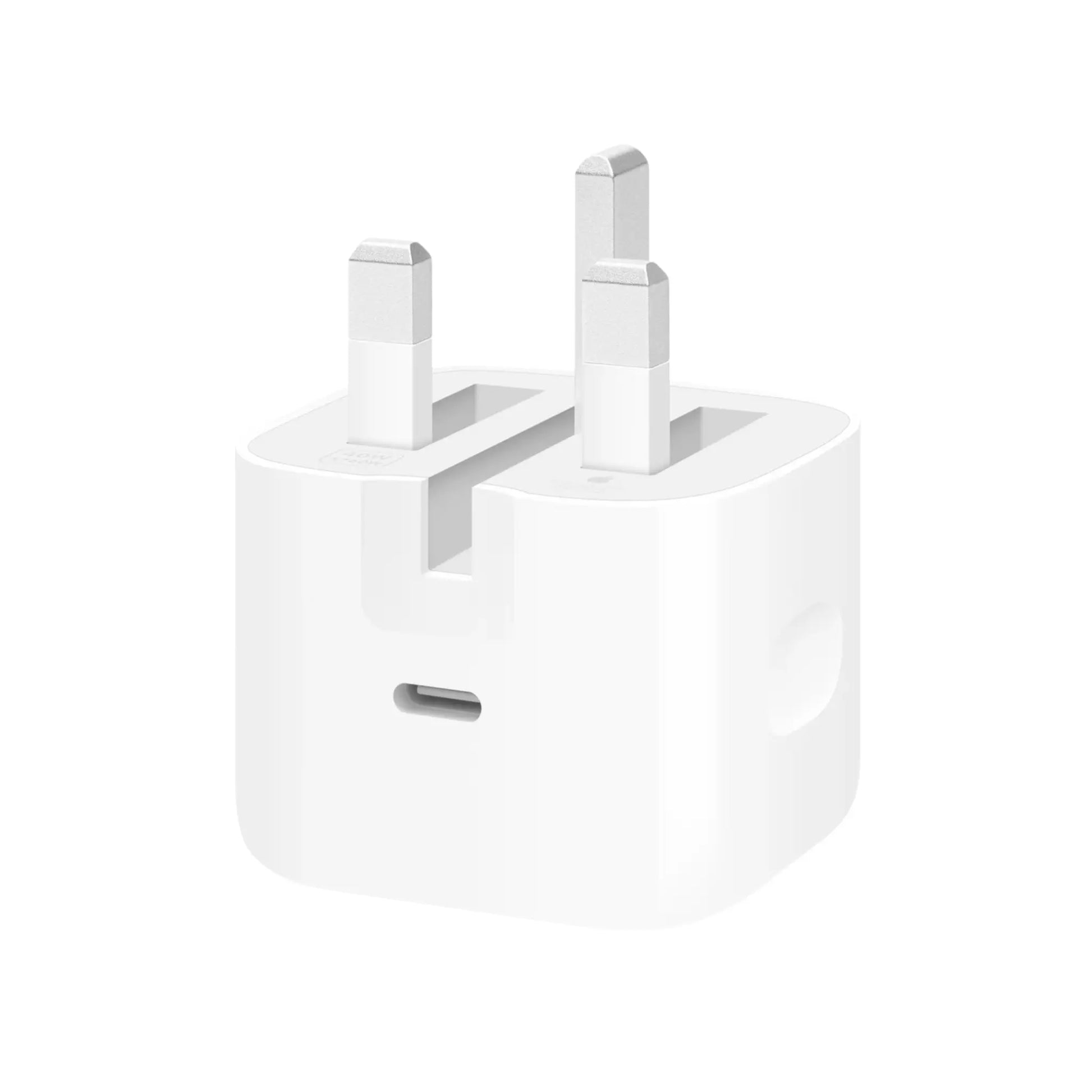 Das Bild zeigt das Apple MGKN4 Ladegerät 40W UK-Plug in Weiß aus der Schrägansicht.