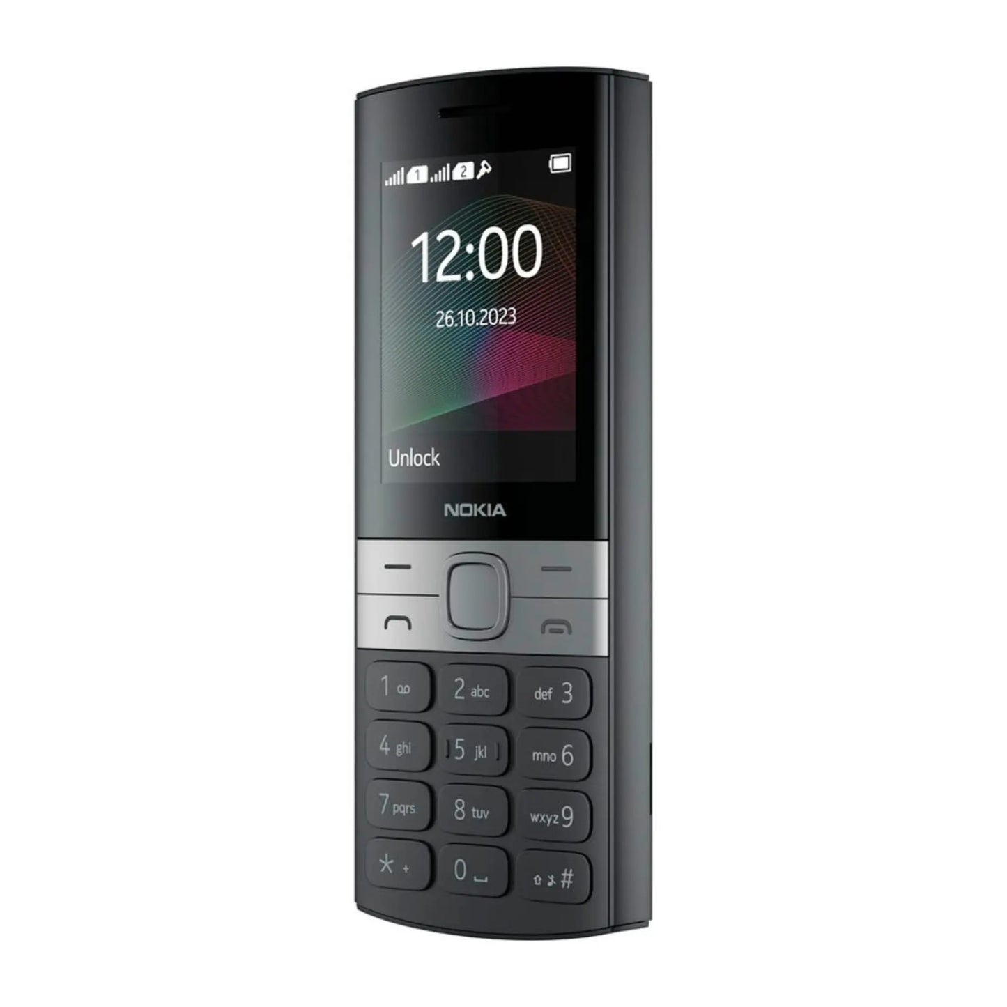 Das Bild zeigt das Nokia 150 (2020) Handy in Schwarz aus der Schrägansicht.