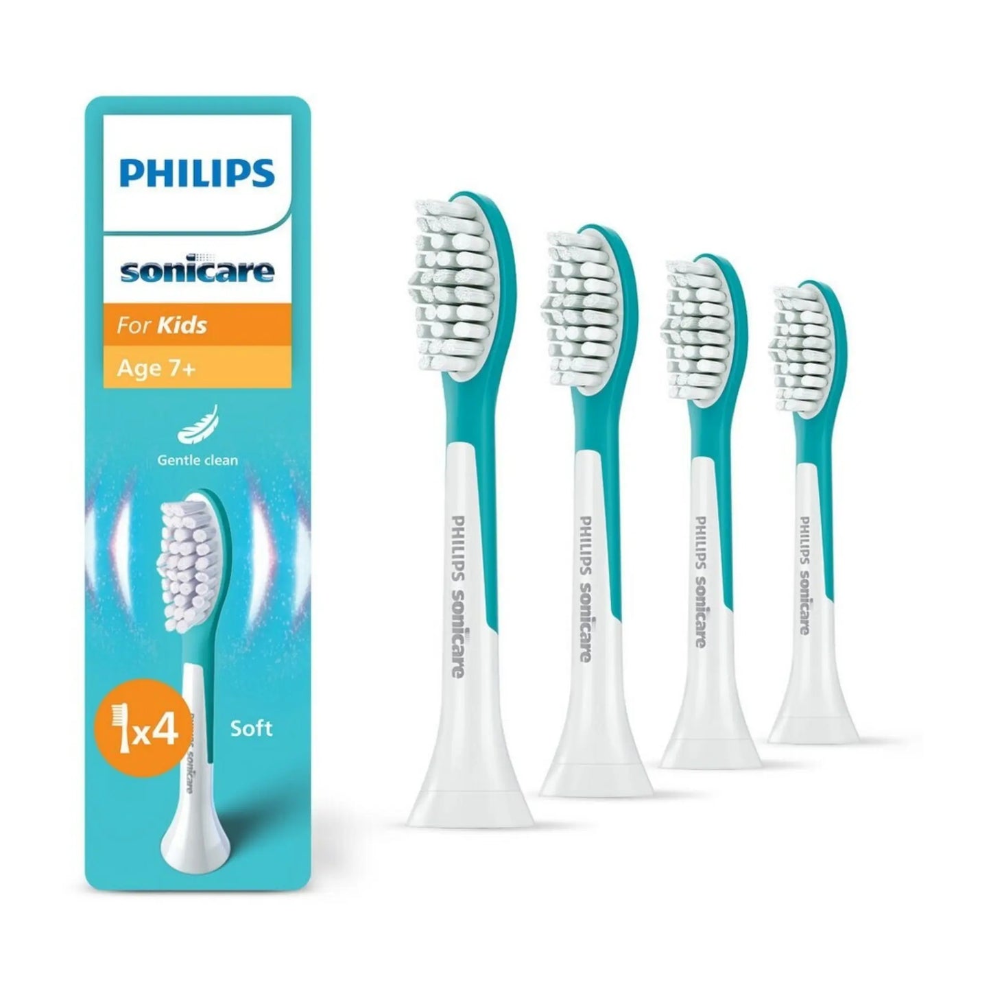 Das Bild zeigt die Philips Original HX6044/90 Kids ab 7 Jahren Aufsteckbürsten im 4er Pack.