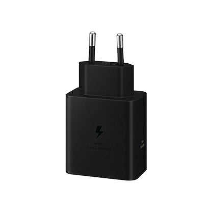 Das Bild zeigt das Samsung EP-T6010N Ladegerät 60W in Schwarz aus der Seitenansicht.
