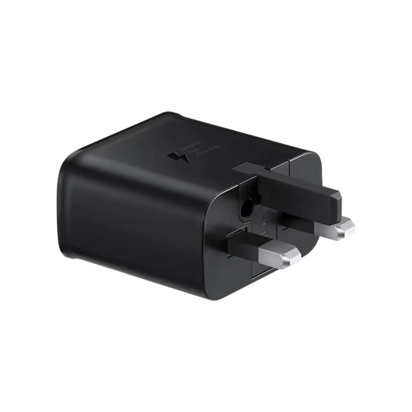 Das Bild zeigt das Samsung EP-TA200 Ladegerät 15W in Schwarz aus der Frontansicht. Das Ladegerät hat einen UK-Plug Stecker.
