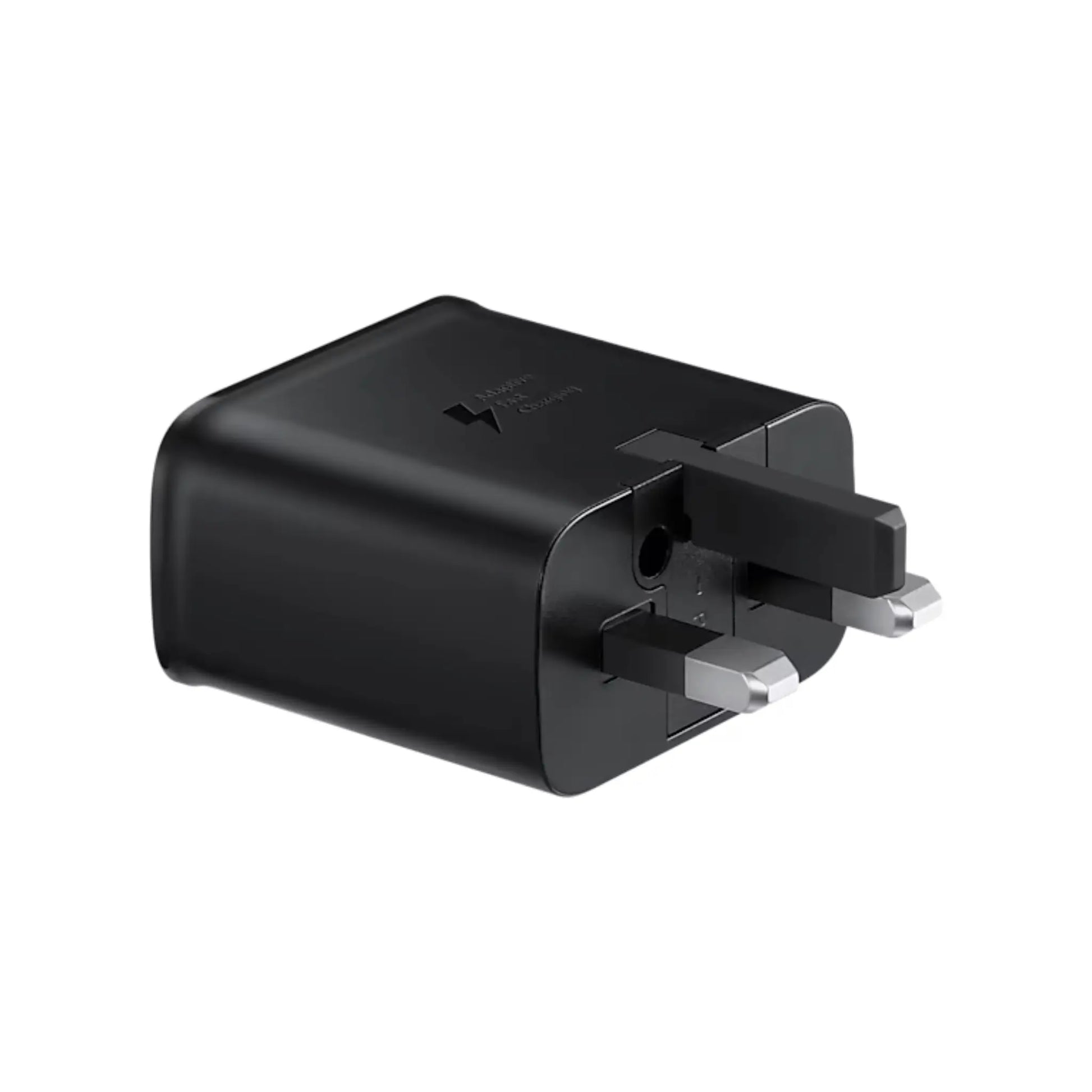 Das Bild zeigt das Samsung EP-TA200 Ladegerät 15W in Schwarz aus der Frontansicht. Das Ladegerät hat einen UK-Plug Stecker.