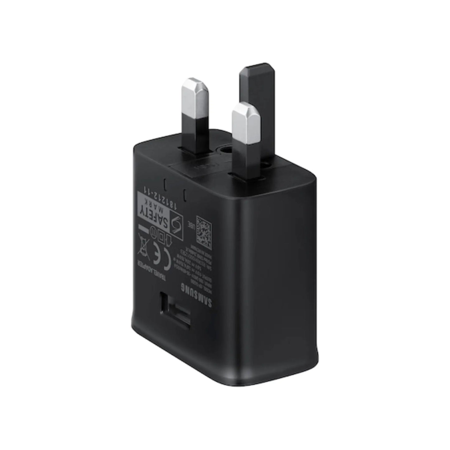Das Bild zeigt das Samsung EP-TA200 Ladegerät 15W in Schwarz aus der Schrägansicht. Das Ladegerät hat einen UK-Plug Stecker.