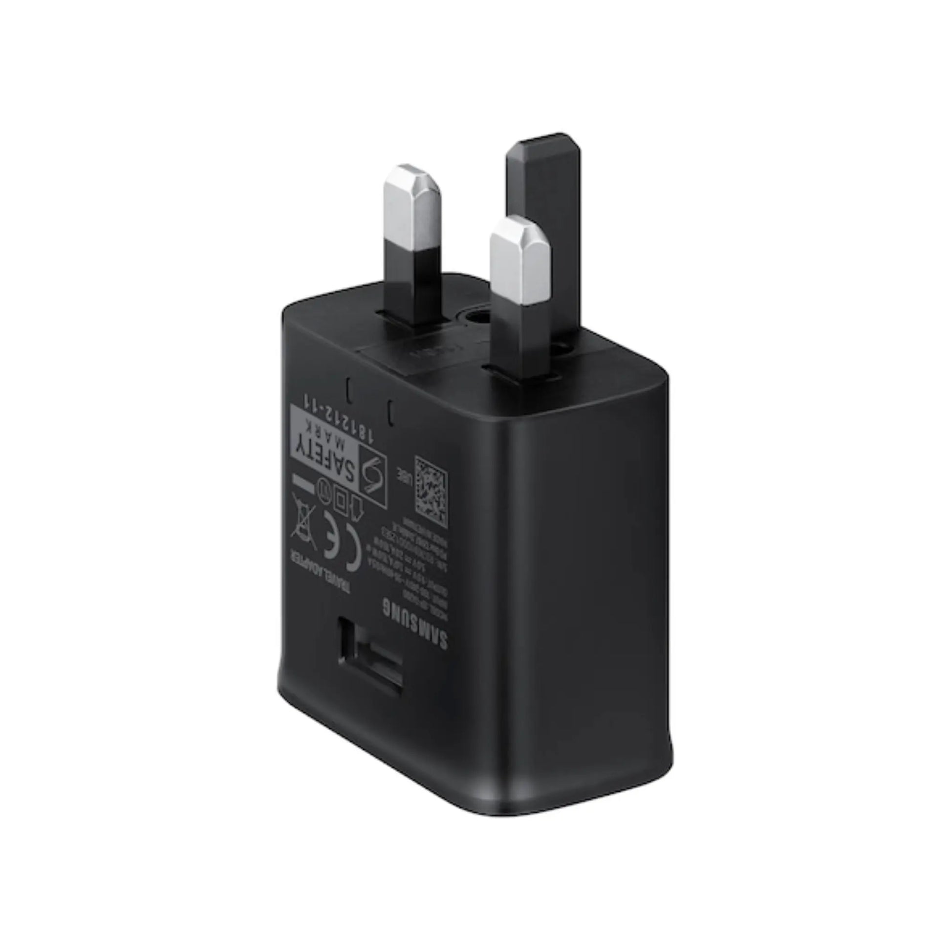 Das Bild zeigt das Samsung EP-TA200 Ladegerät 15W in Schwarz aus der Schrägansicht. Das Ladegerät hat einen UK-Plug Stecker.