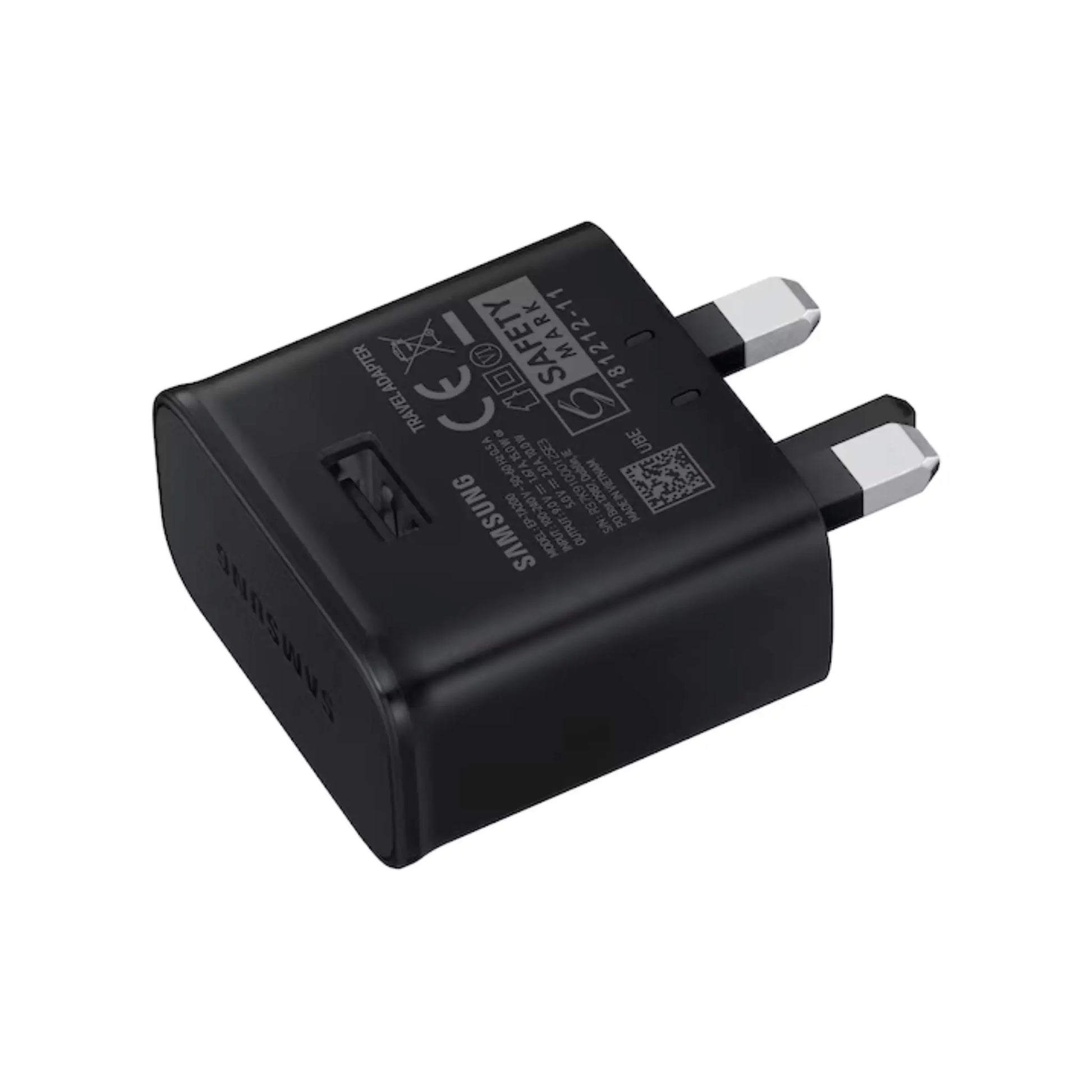 Das Bild zeigt das Samsung EP-TA200 Ladegerät 15W in Schwarz aus der Seitenansicht. Das Ladegerät hat einen UK-Plug Stecker.
