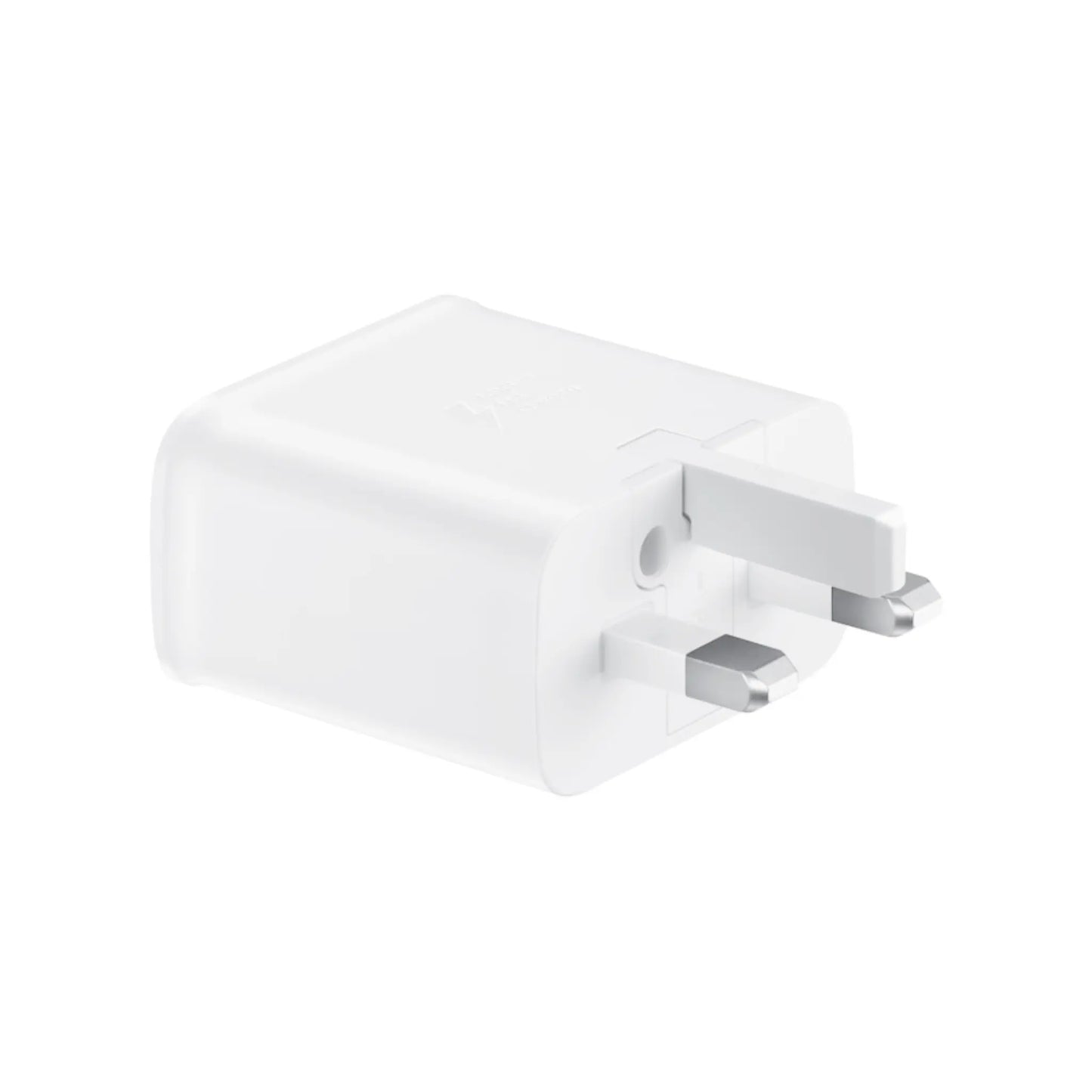 Das Bild zeigt das Samsung EP-TA200 Ladegerät 15W in Weiß aus der Schrägansicht. Das Ladegerät hat einen UK-Plug Stecker.
