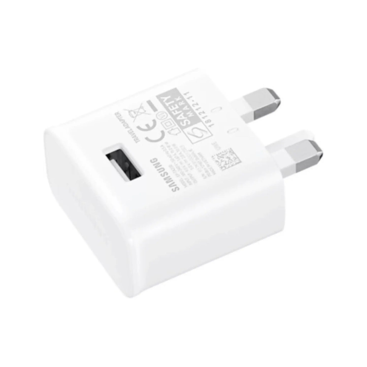 Das Bild zeigt das Samsung EP-TA200 Ladegerät 15W in Weiß aus der Seitenansicht. Das Ladegerät hat einen UK-Plug Stecker.