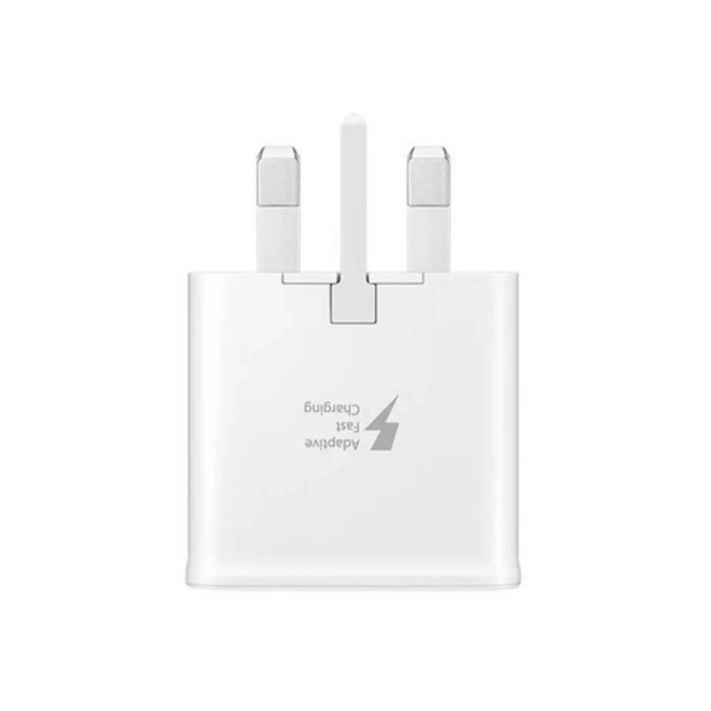 Das Bild zeigt das Samsung EP-TA200 Ladegerät 15W in Weiß aus der Frontansicht. Das Ladegerät hat einen UK-Plug Stecker.