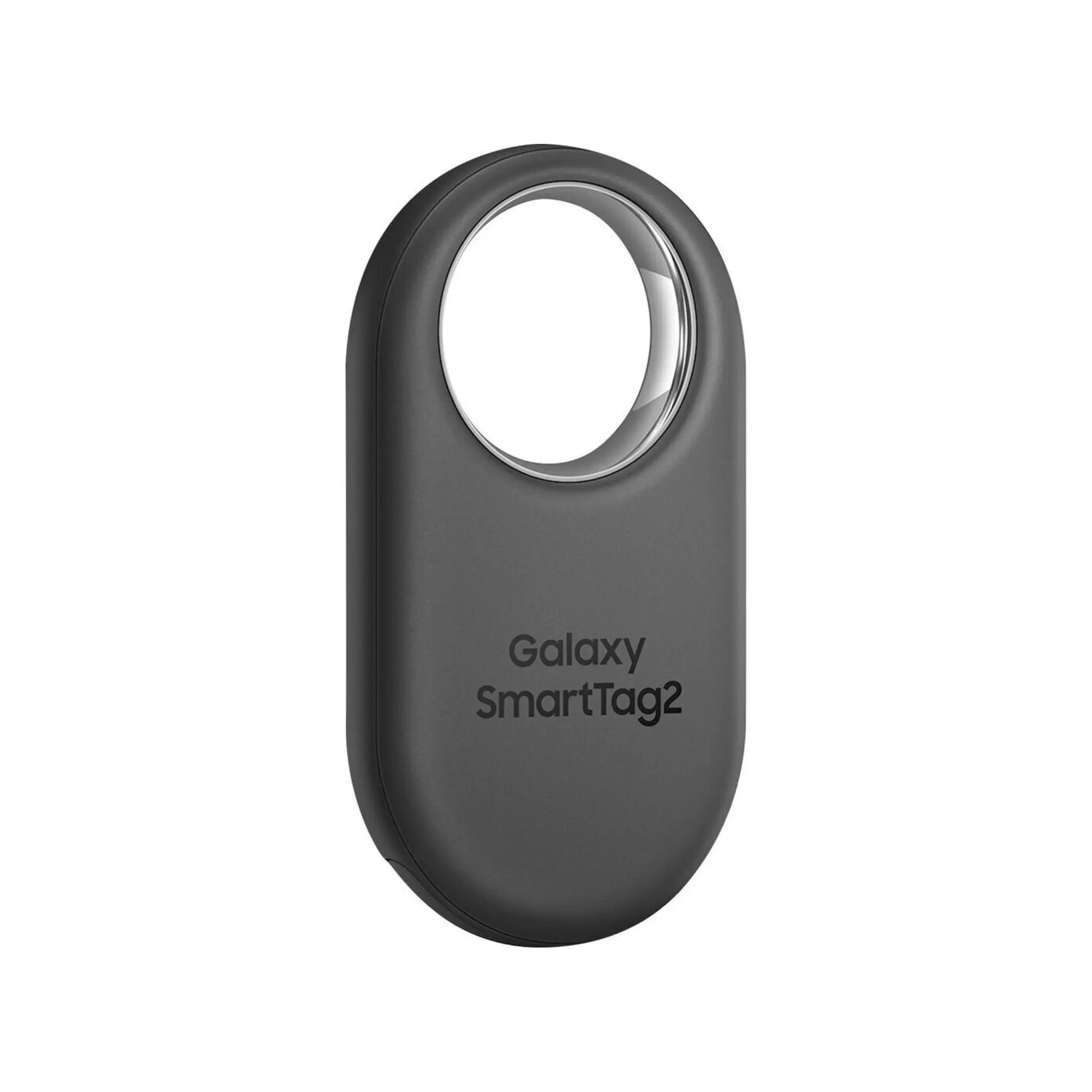 Das Bild zeigt den Samsung Galaxy SmartTag 2 Bluetooth‑Tracker in Schwarz aus der Frontansicht.