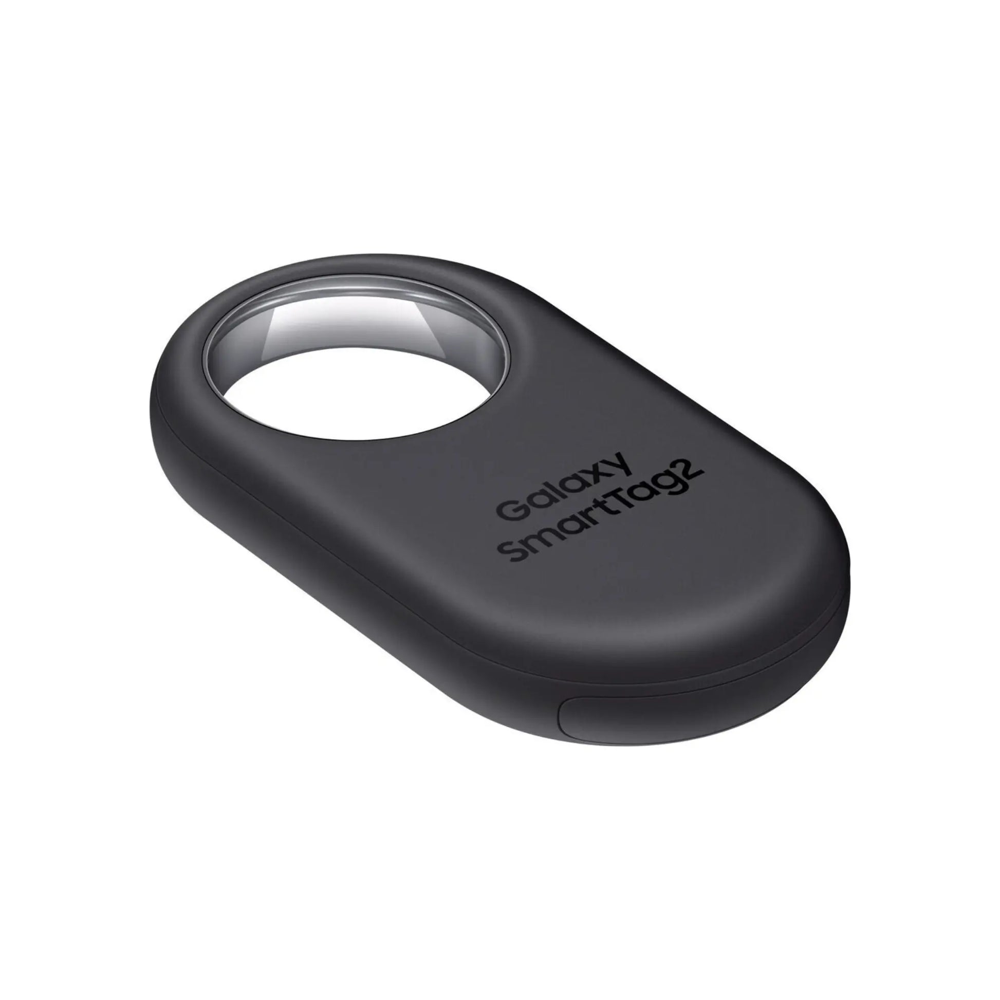 Das Bild zeigt den Samsung Galaxy SmartTag 2 Bluetooth‑Tracker in Weiß aus der Seitenansicht.