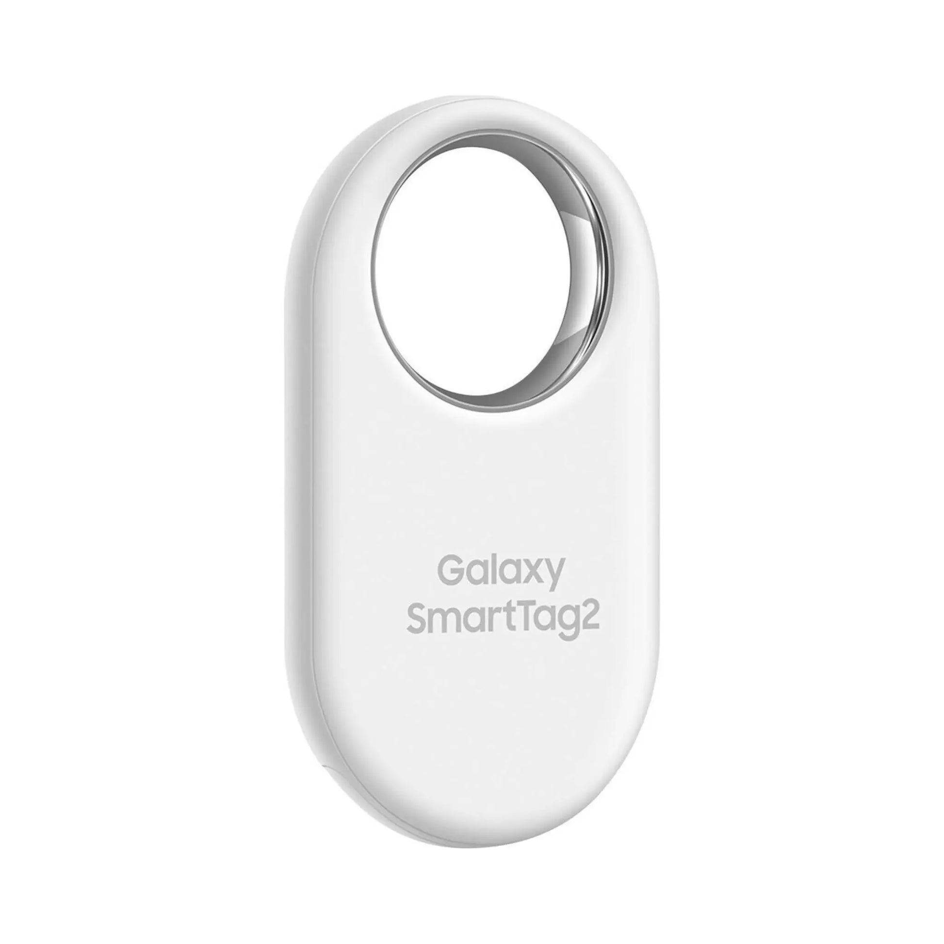 Das Bild zeigt den Samsung Galaxy SmartTag 2 Bluetooth‑Tracker in Weiß aus der Frontansicht.