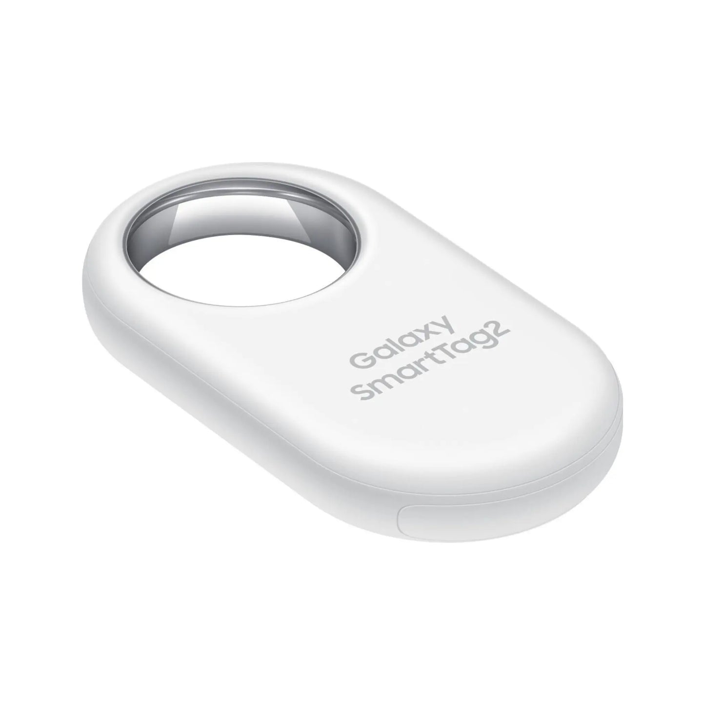 Das Bild zeigt den Samsung Galaxy SmartTag 2 Bluetooth‑Tracker in Weiß aus der Seitenansicht.