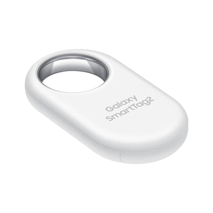 Das Bild zeigt den Samsung Galaxy SmartTag 2 Bluetooth‑Tracker in Weiß aus der Seitenansicht.