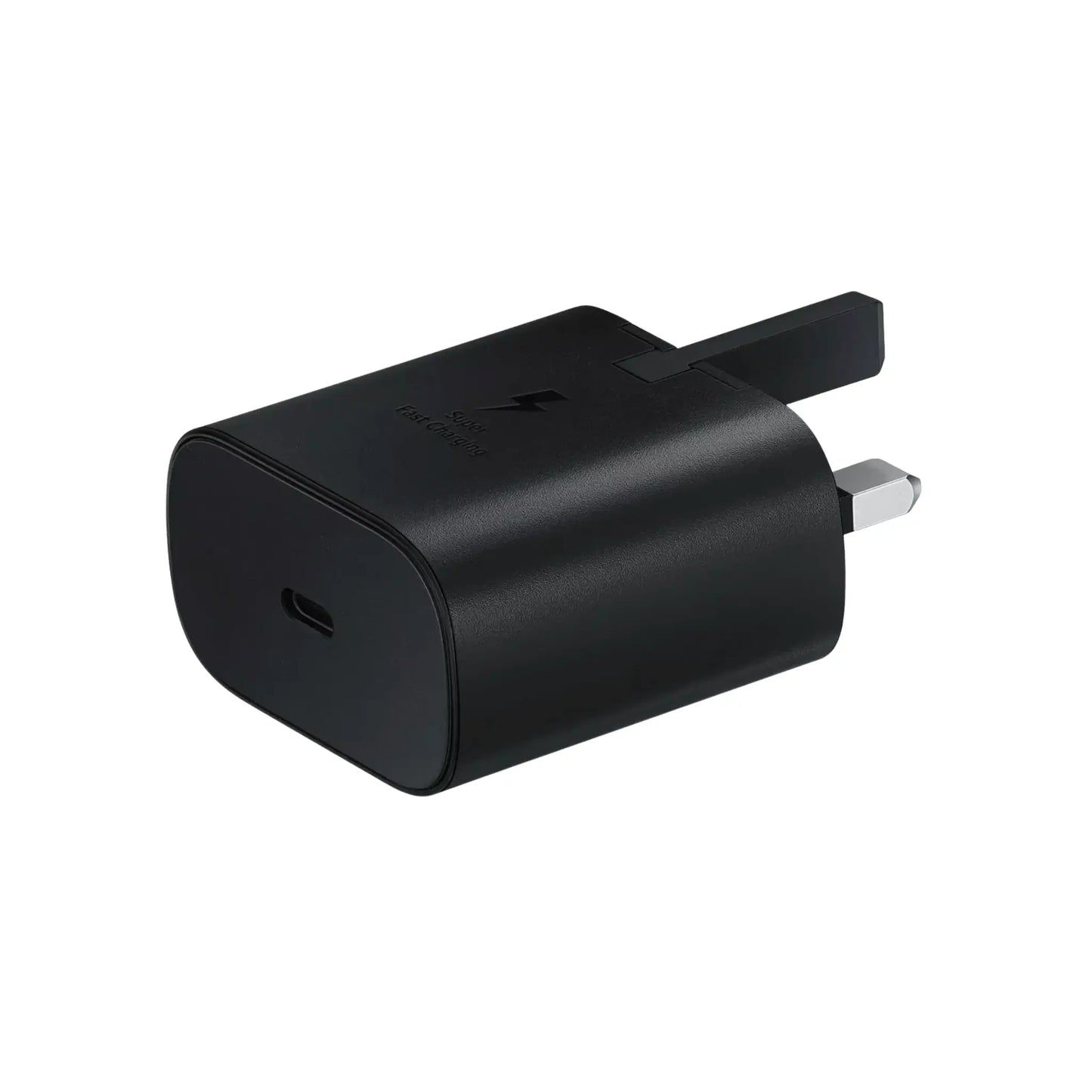Das Bild zeigt das Samsung EP-TA800 Ladegerät 25W UK-Plug in Schwarz aus der Seitenansicht.