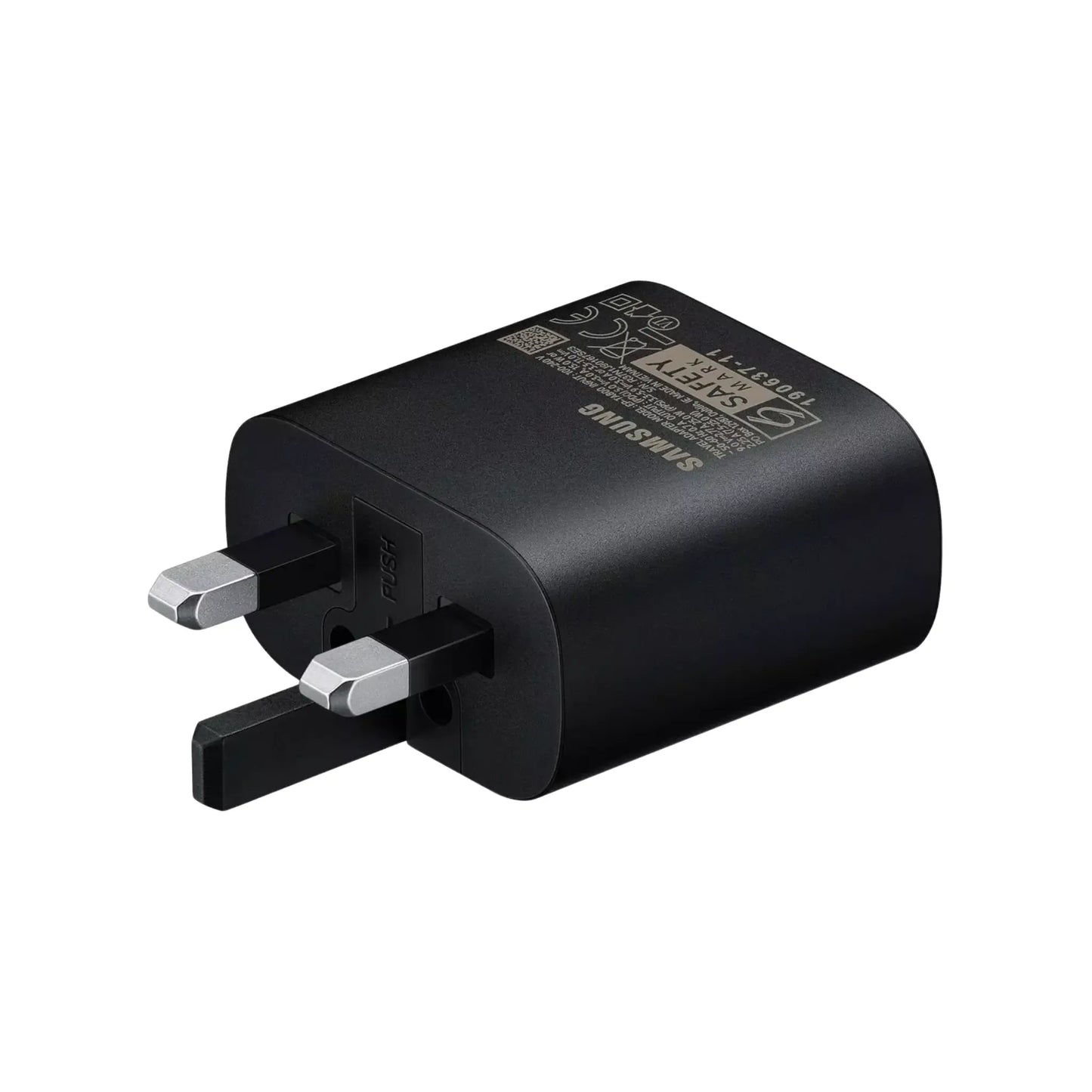 Das Bild zeigt das Samsung EP-TA800 Ladegerät 25W UK-Plug in Schwarz aus der Schrägansicht.