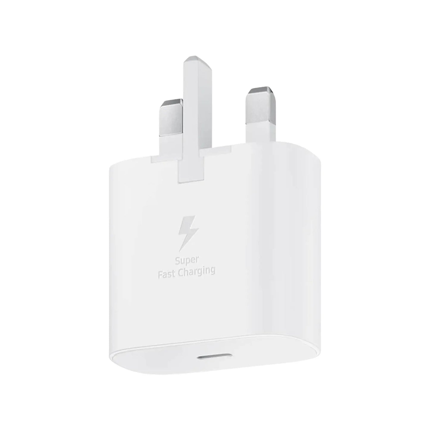 Das Bild zeigt das Samsung EP-TA800 Ladegerät 25W UK-Plug in Weiß aus der Frontansicht.