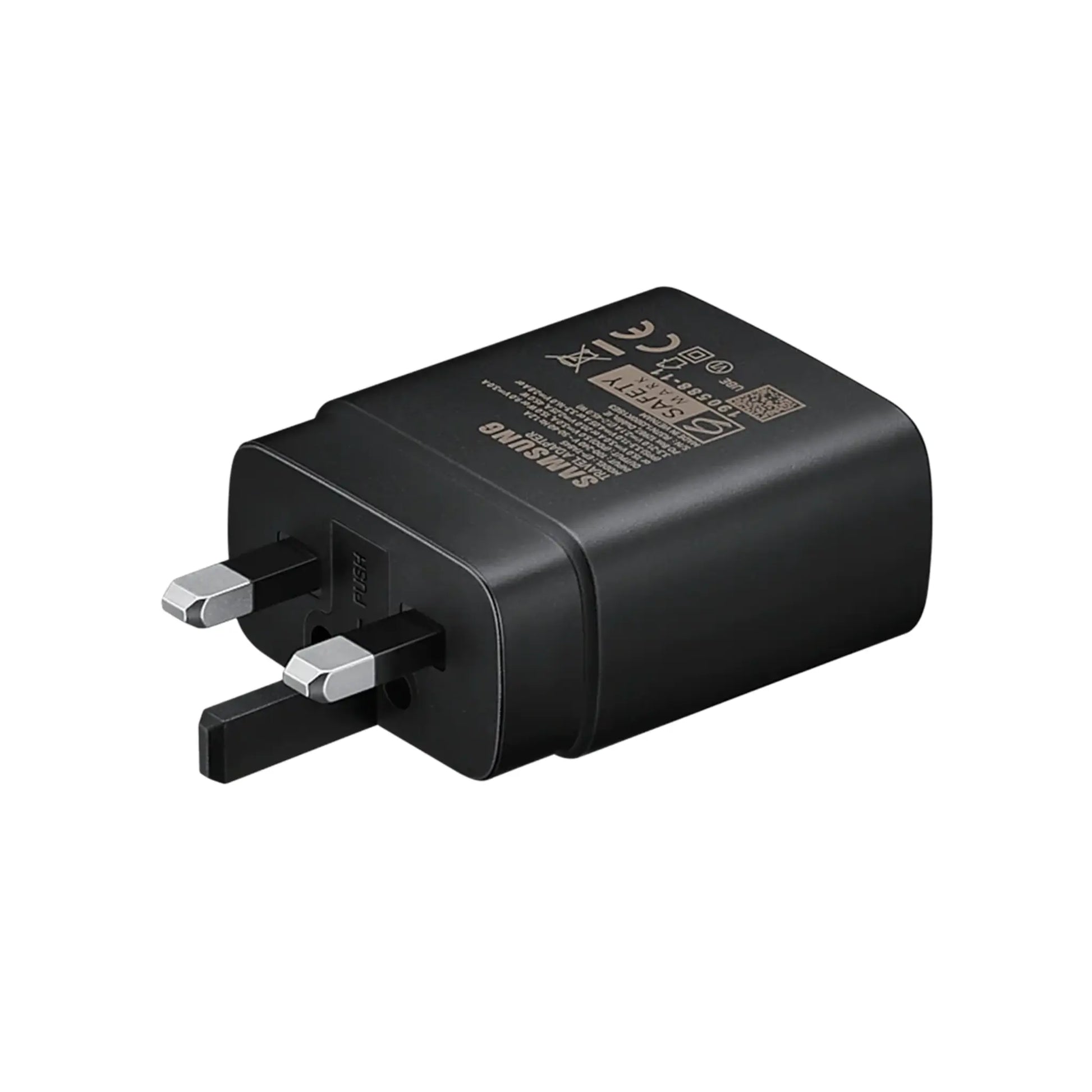Das Bild zeigt das Samsung EP-TA845 Ladegerät 45W UK-Plug in Schwarz aus der Detailansicht.