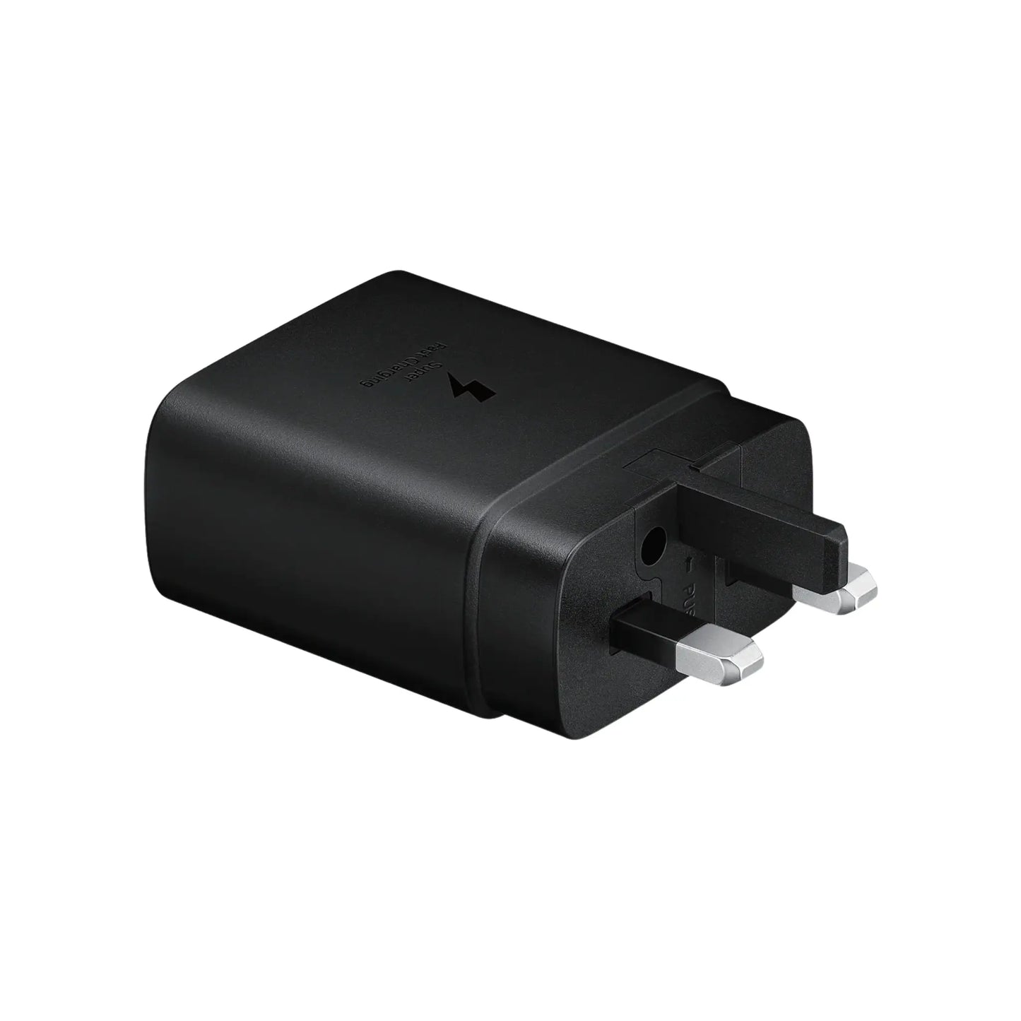 Das Bild zeigt das Samsung EP-TA845 Ladegerät 45W UK-Plug in Schwarz aus der Schrägansicht.