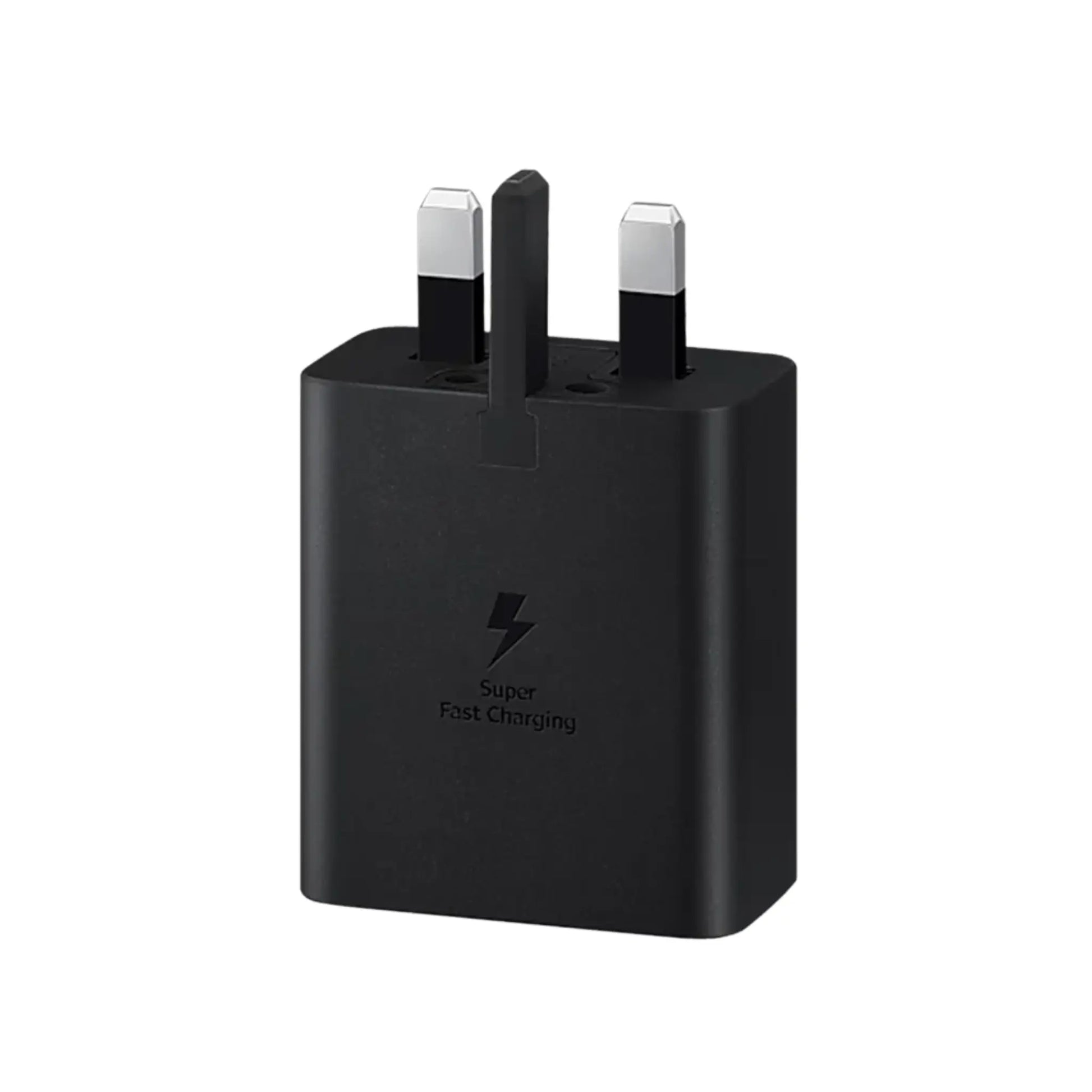 Das Bild zeigt das Samsung EP-T4510 Ladegerät 45W USB-C UK-Plug in Schwarz aus der Frontansicht.