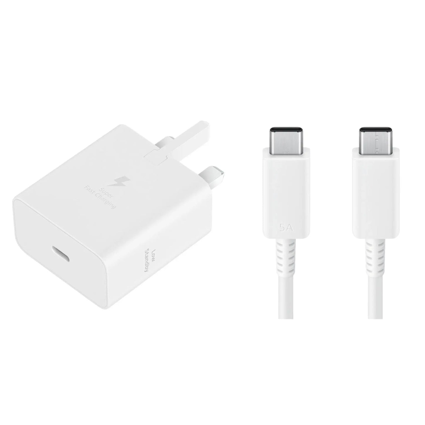 Das Bild zeigt das Samsung EP-T4511 Ladegerät 45W USB-C UK-Plug inkl. Ladekabel USB-C in Weiß.