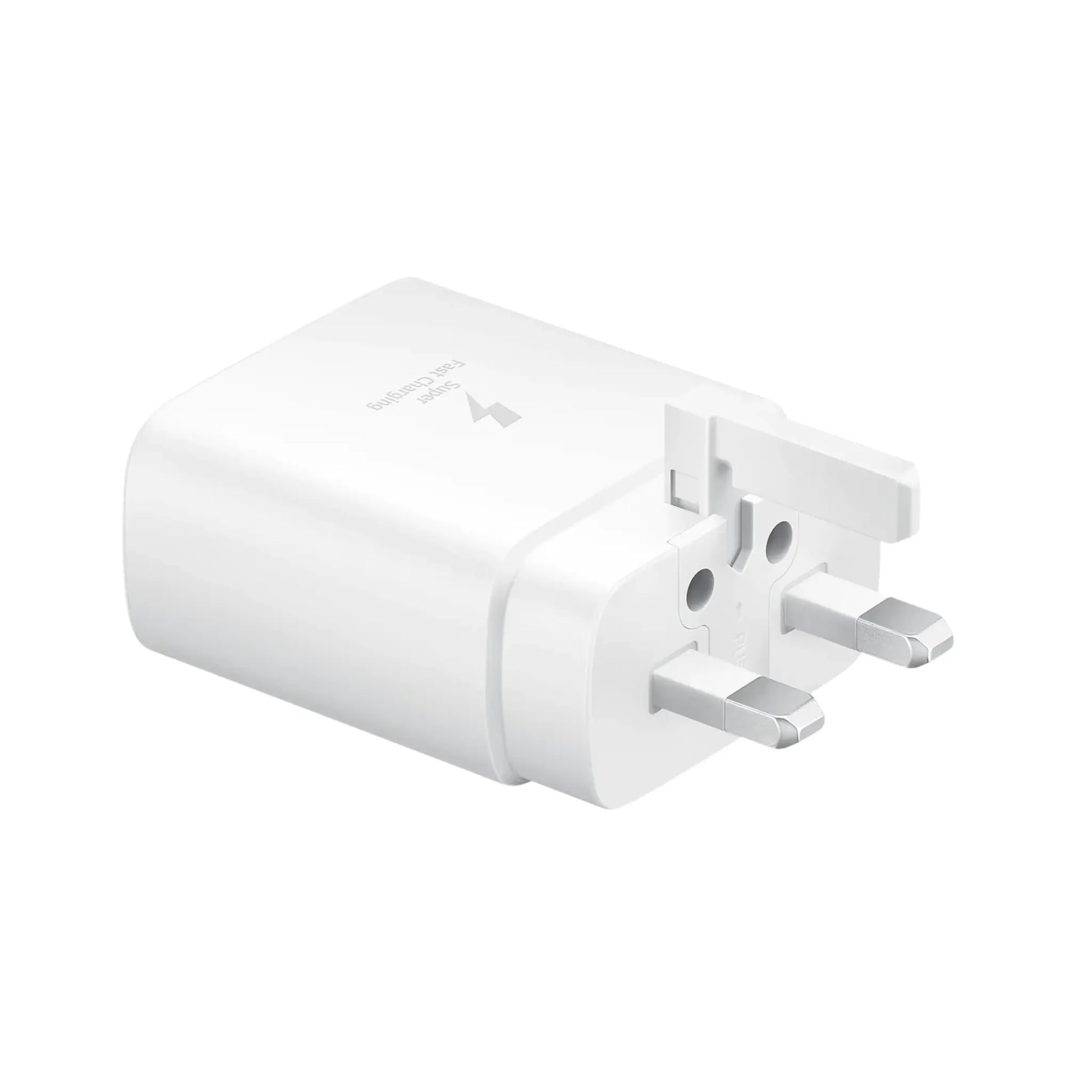 Das Bild zeigt das Samsung EP-TA845 Ladegerät 45W UK-Plug in Weiß aus der Schrägansicht.