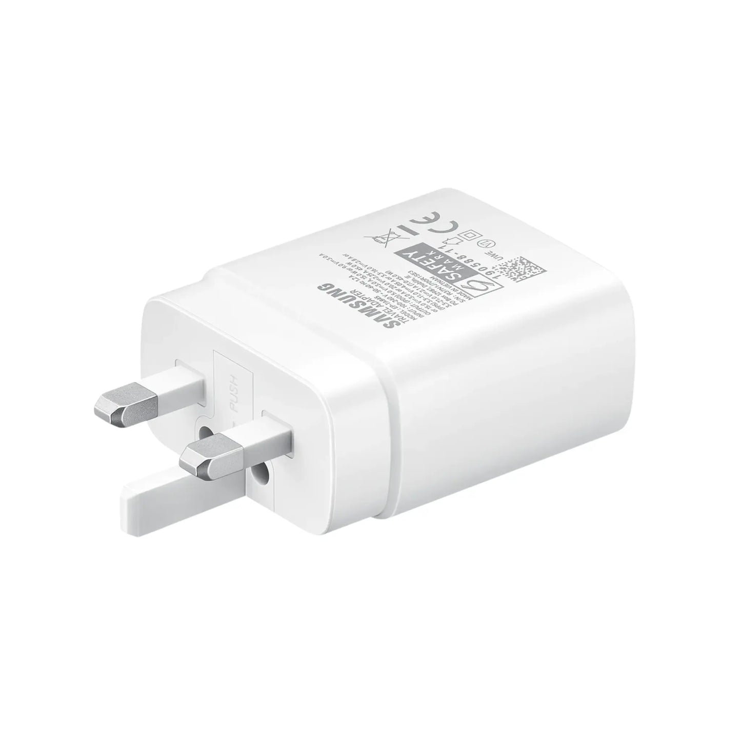 Das Bild zeigt das Samsung EP-TA845 Ladegerät 45W UK-Plug in Weiß aus der Detailansicht.
