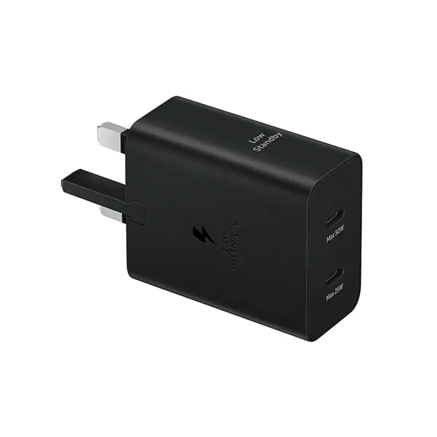 Das Bild zeigt das Samsung EP-T5020X Ladegerät 50W UK-Plug in Schwarz aus der Schrägansicht.