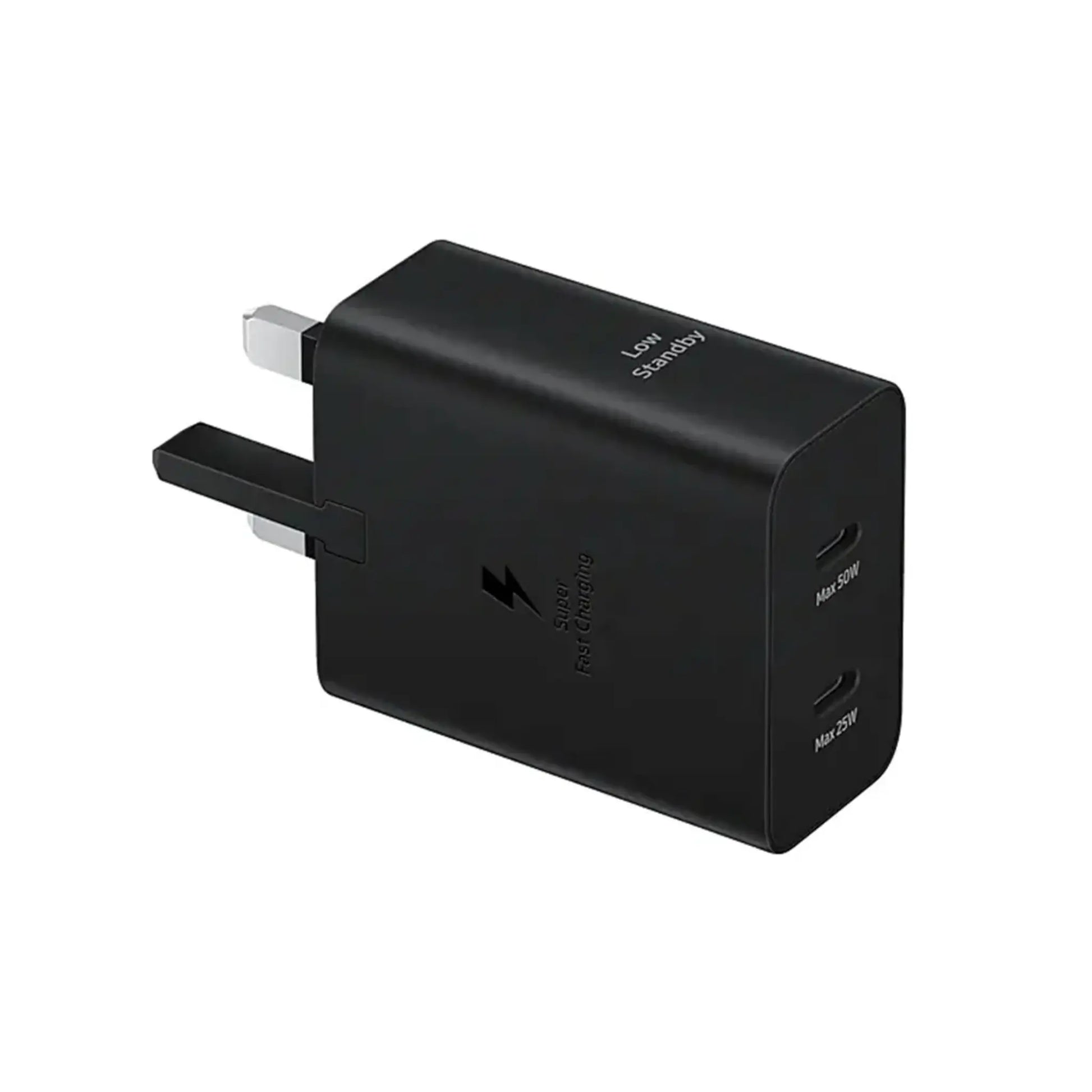 Das Bild zeigt das Samsung EP-T5020X Ladegerät 50W UK-Plug in Schwarz aus der Schrägansicht.