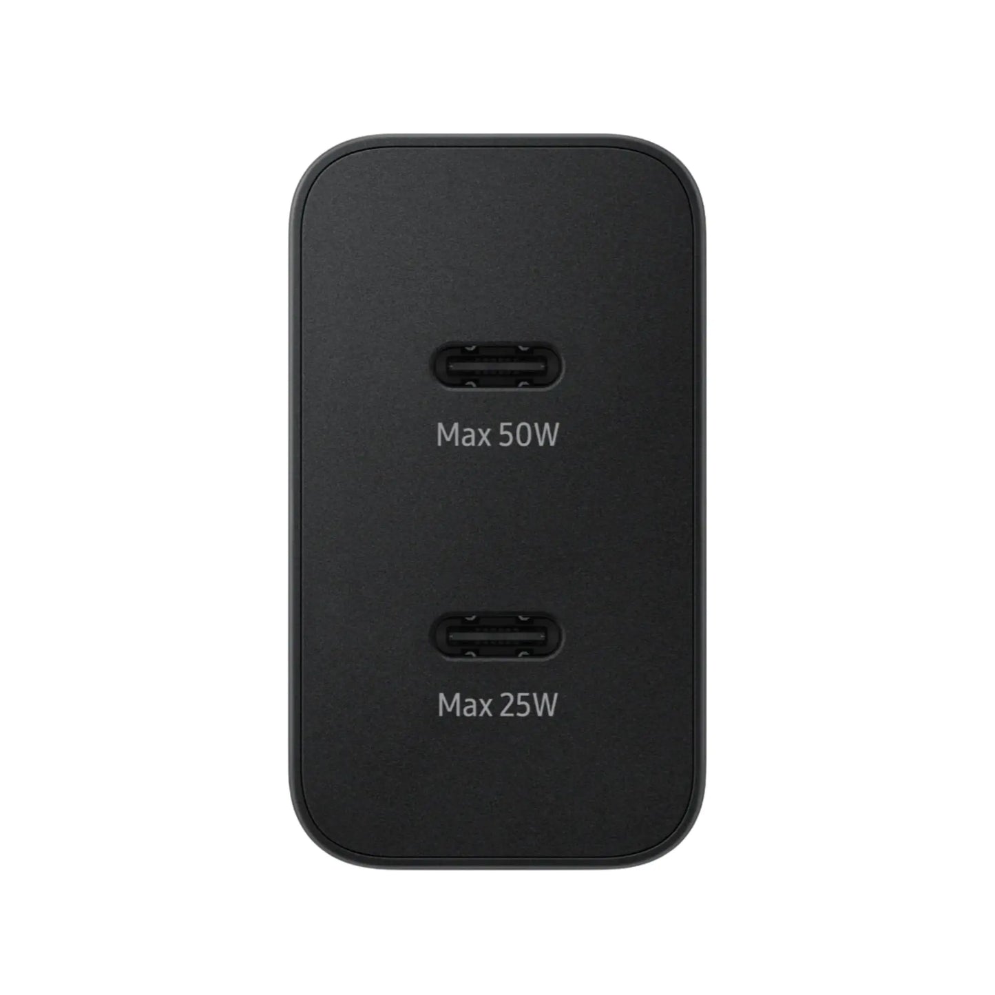 Das Bild zeigt das Samsung EP-T5020X Ladegerät 50W UK-Plug in Schwarz aus der Frontansicht.