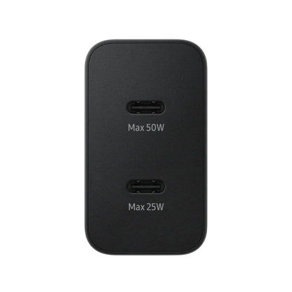 Das Bild zeigt das Samsung EP-T5020X Ladegerät 50W UK-Plug in Schwarz aus der Frontansicht.