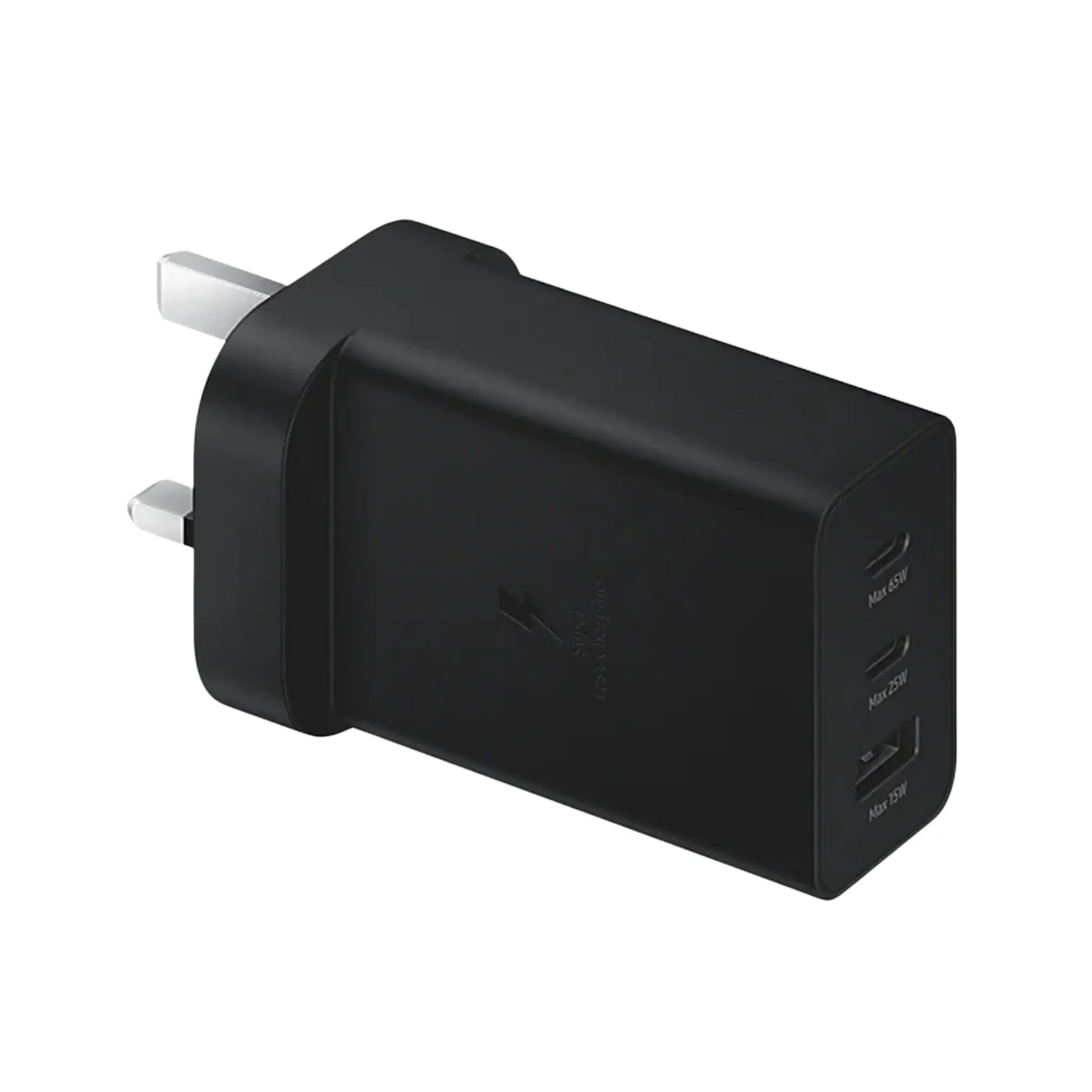 Das Bild zeigt das Samsung EP-T6530 Ladegerät 65W UK-Plug in Schwarz aus der Schrägansicht.