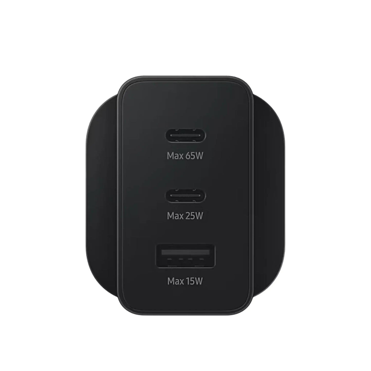 Das Bild zeigt das Samsung EP-T6530 Ladegerät 65W UK-Plug in Schwarz aus der Detailansicht.