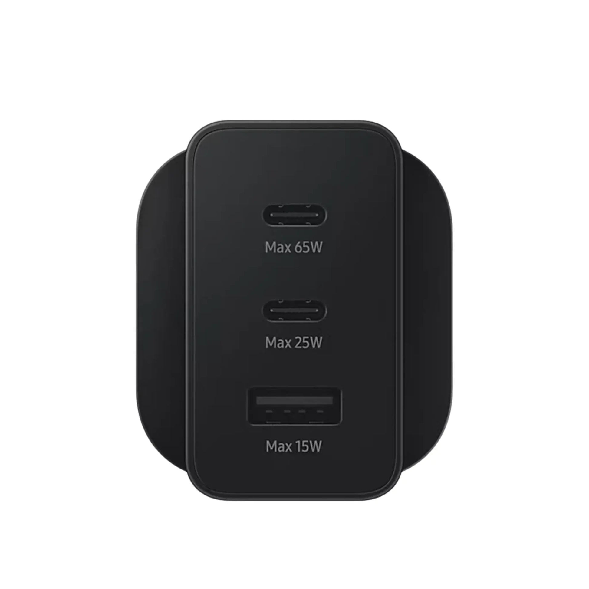 Das Bild zeigt das Samsung EP-T6530 Ladegerät 65W UK-Plug in Schwarz aus der Detailansicht.