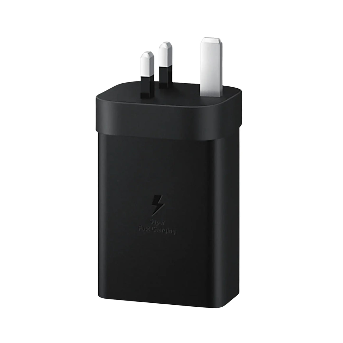 Das Bild zeigt das Samsung EP-T6530 Ladegerät 65W UK-Plug in Schwarz aus der Frontansicht.