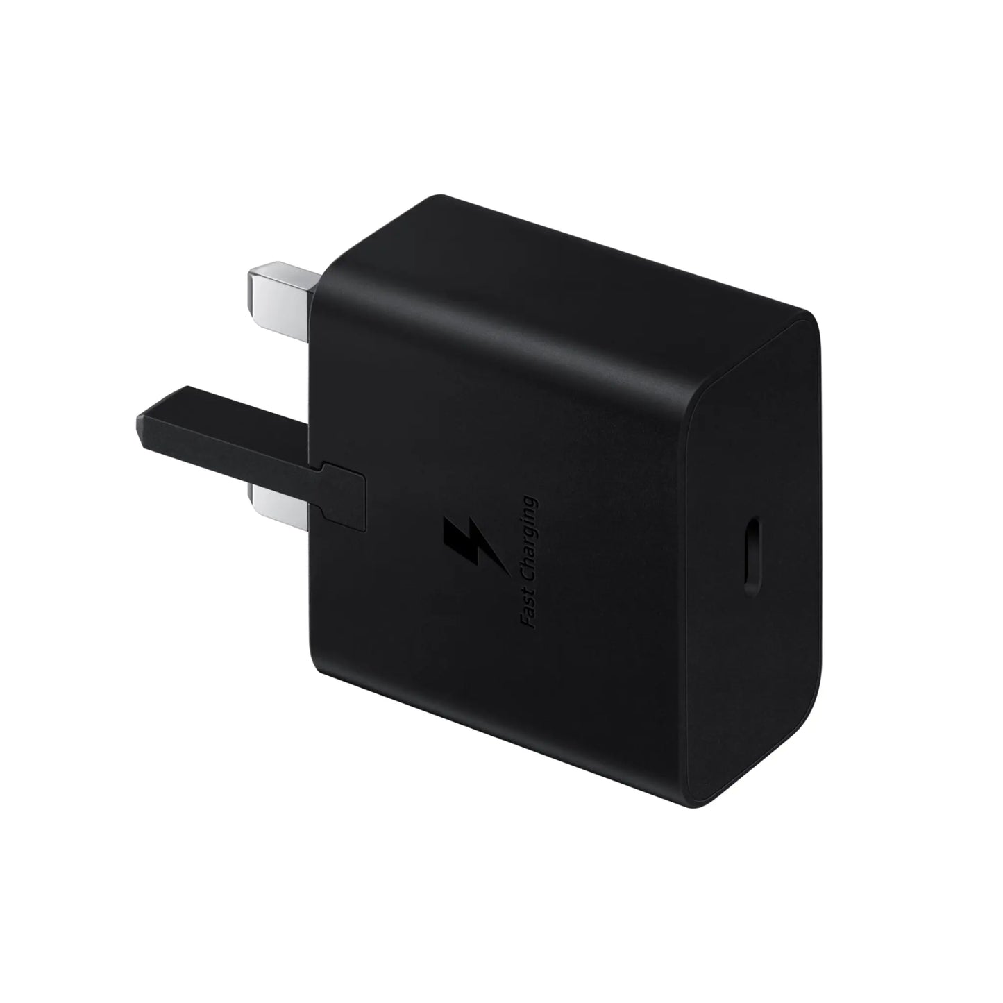 Das Bild zeigt das Samsung EP-T1510 Ladegerät 15W UK-Plug in Schwarz aus der Schrägansicht.