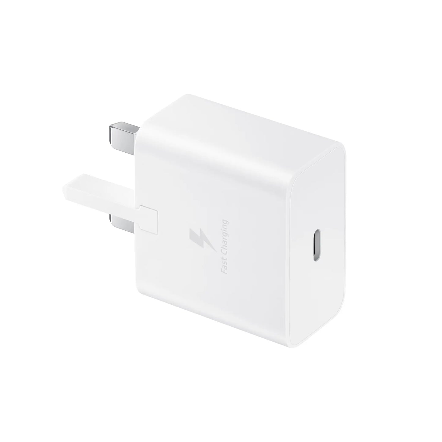 Das Bild zeigt das Samsung EP-T1510 Ladegerät 15W UK-Plug in Weiß aus der Schrägansicht.