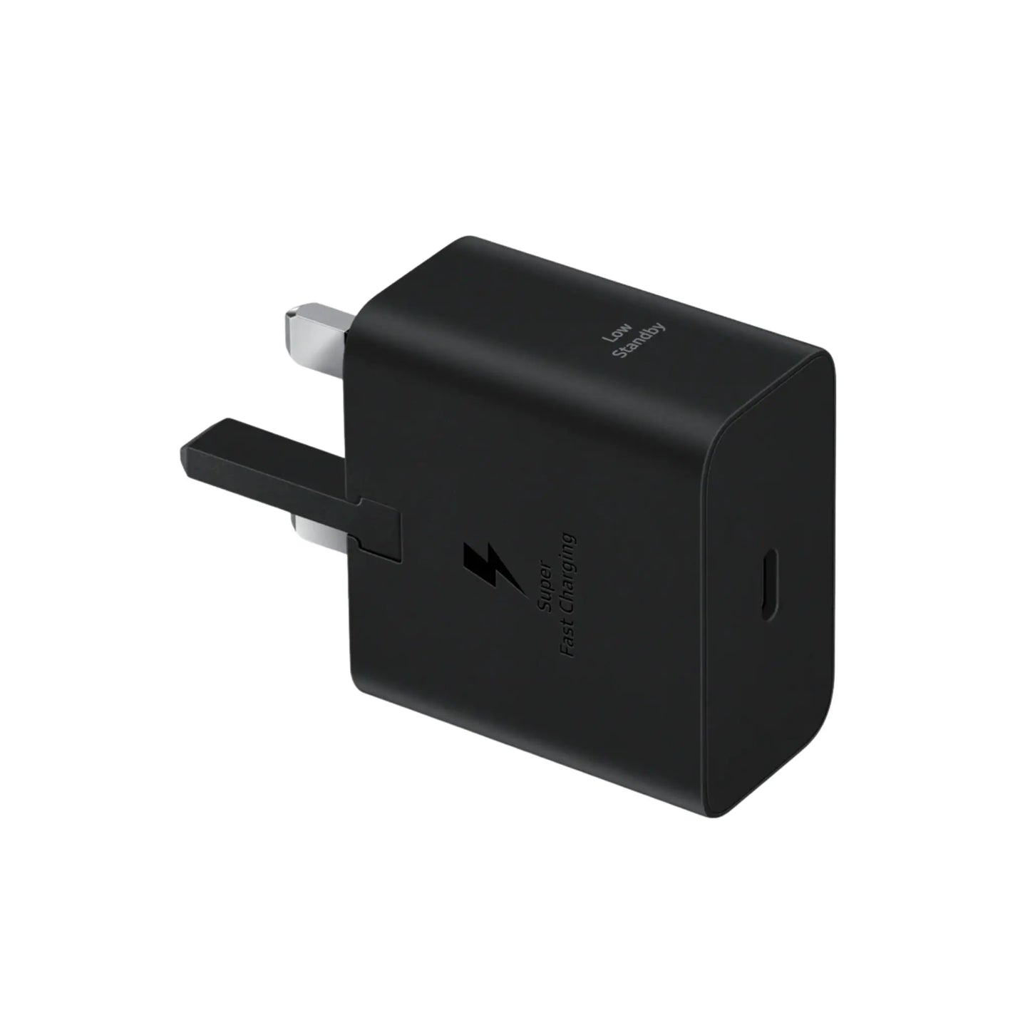 Das Bild zeigt das Samsung EP-T2510N Ladegerät 25W UK-Plug in Schwarz aus der Schrägansicht.