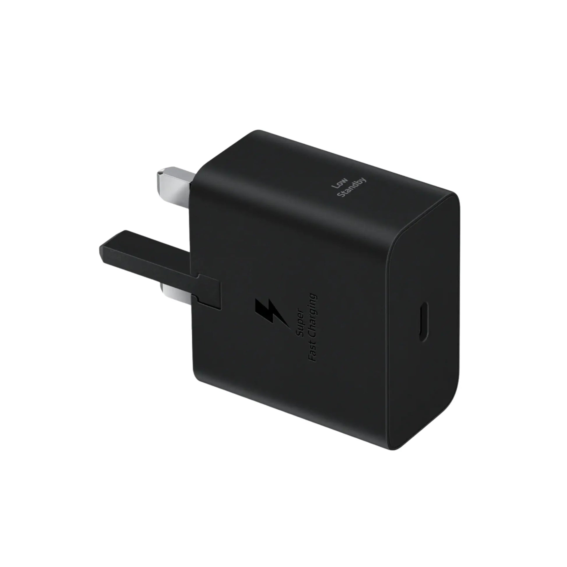 Das Bild zeigt das Samsung EP-T2510N Ladegerät 25W UK-Plug in Schwarz aus der Schrägansicht.
