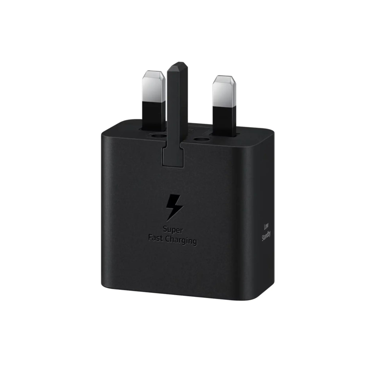 Das Bild zeigt das Samsung EP-T2510N Ladegerät 25W UK-Plug in Schwarz aus der Frontansicht.