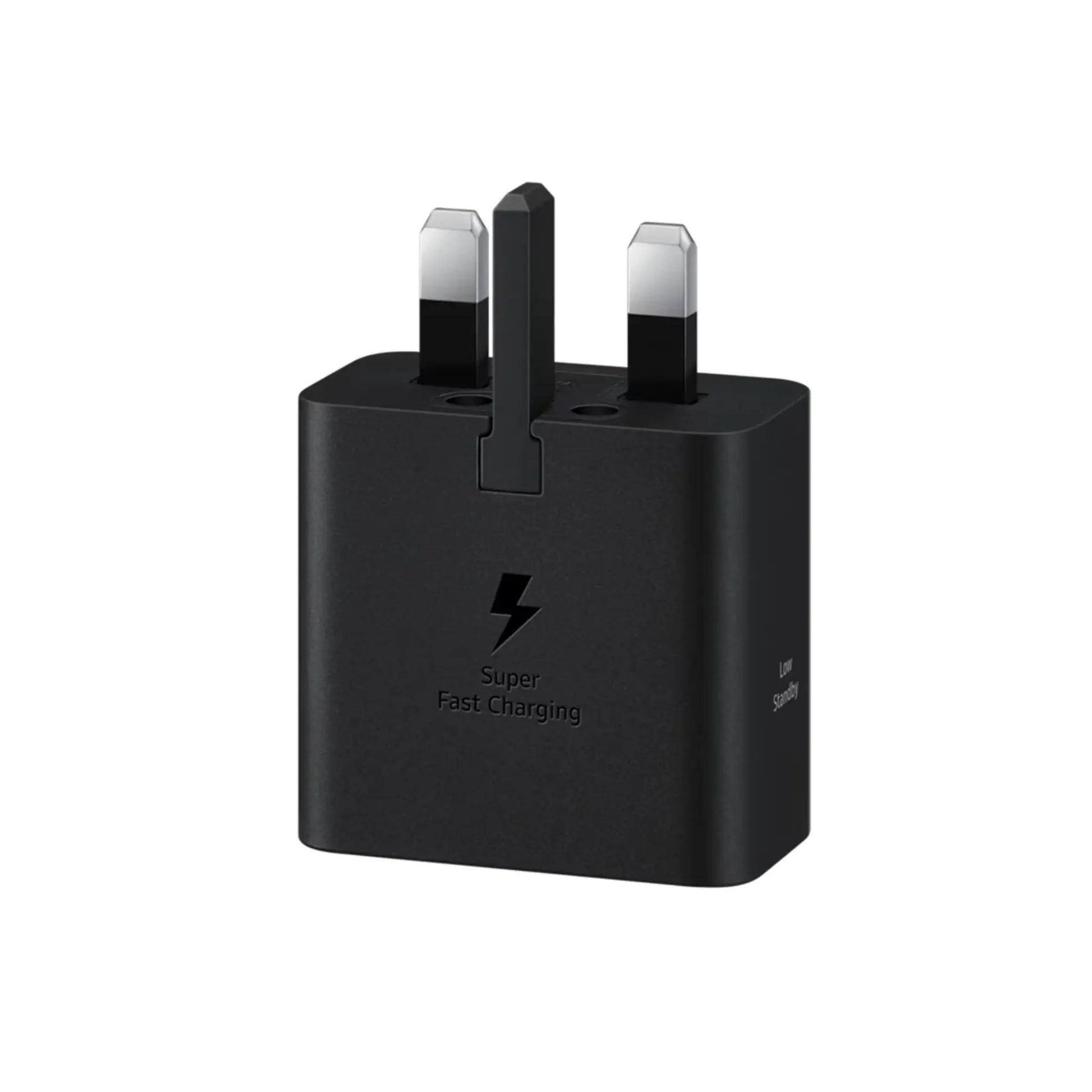 Das Bild zeigt das Samsung EP-T2510N Ladegerät 25W UK-Plug in Schwarz aus der Frontansicht.