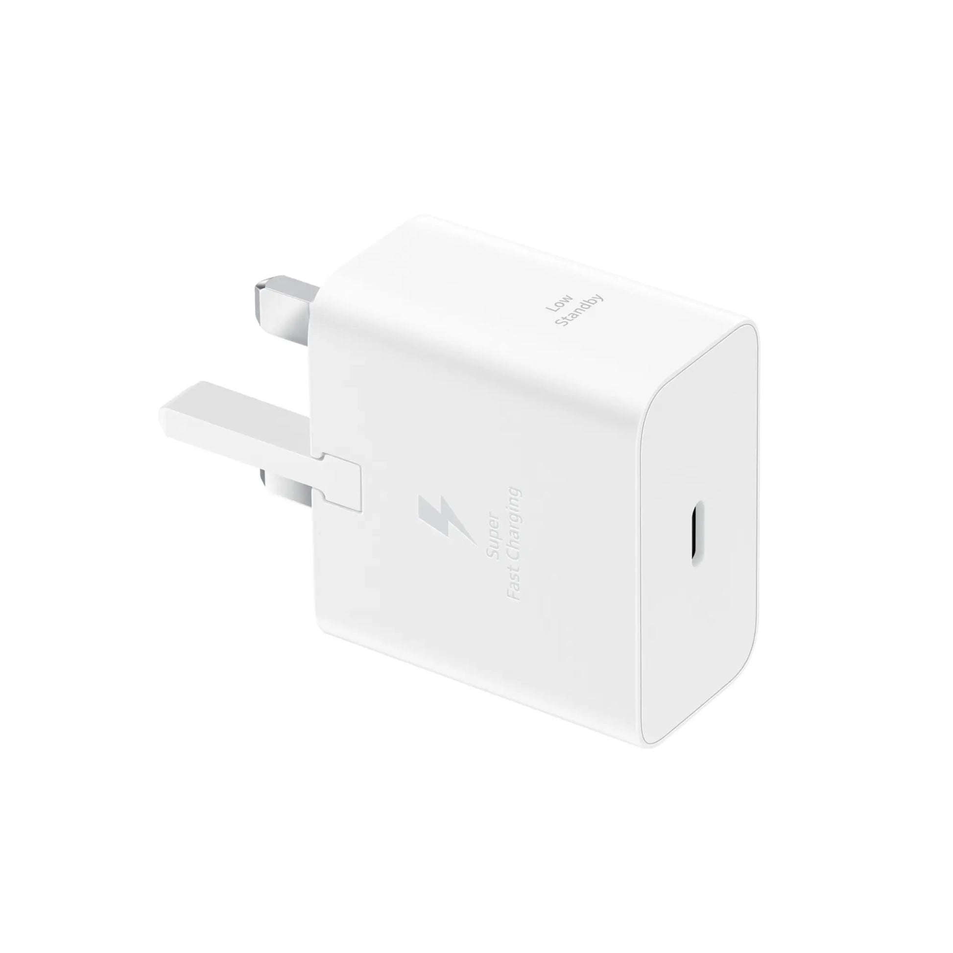 Das Bild zeigt das Samsung EP-T2510N Ladegerät 25W UK-Plug in Schwarz aus der Schrägansicht.
