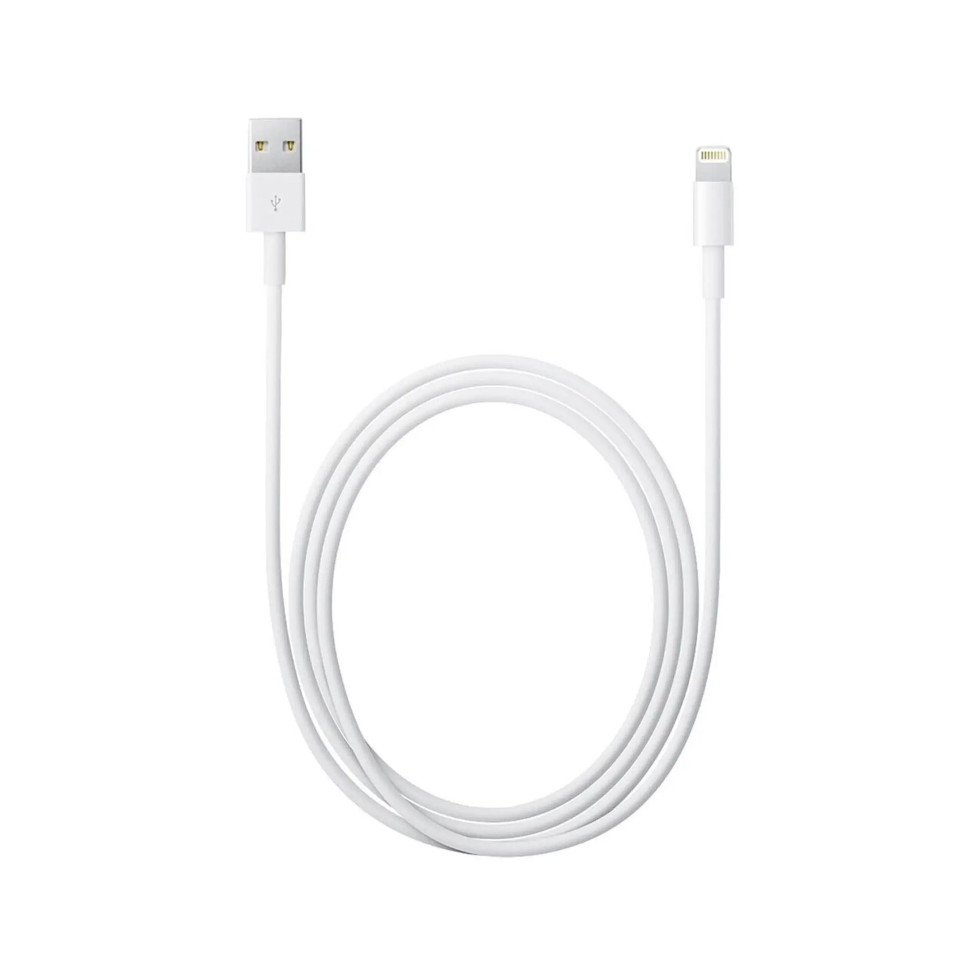 Das Bild zeigt das Apple USB-A auf Lightning Kabel in Weiß aus der Frontansicht. Die Kabellänge beträgt 2 Meter.