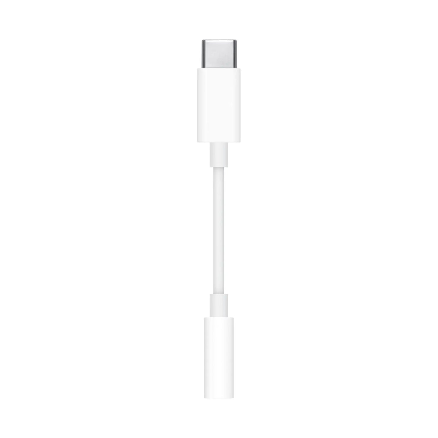 Das Bild zeigt den Apple AUX-Adpater USB-C auf 3,5-mm Klinkenstecker in Weiß aus der Frontansicht.