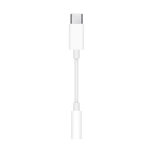 Das Bild zeigt den Apple AUX-Adpater USB-C auf 3,5-mm Klinkenstecker in Weiß aus der Frontansicht.