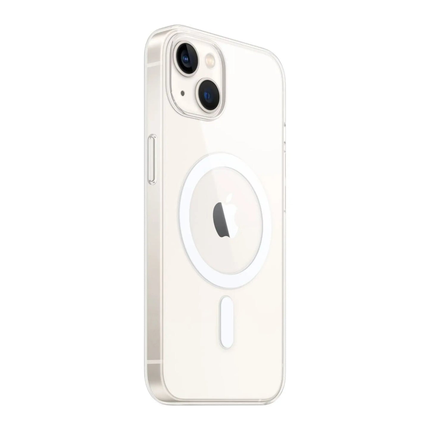 Das Bild zeigt die Apple iPhone Handyhülle MM2X3ZM/A aus Polykarbonat. Sie ist kompatibel mit dem iPhone 13. In der Farbe Transparent aus der Schrägansicht.