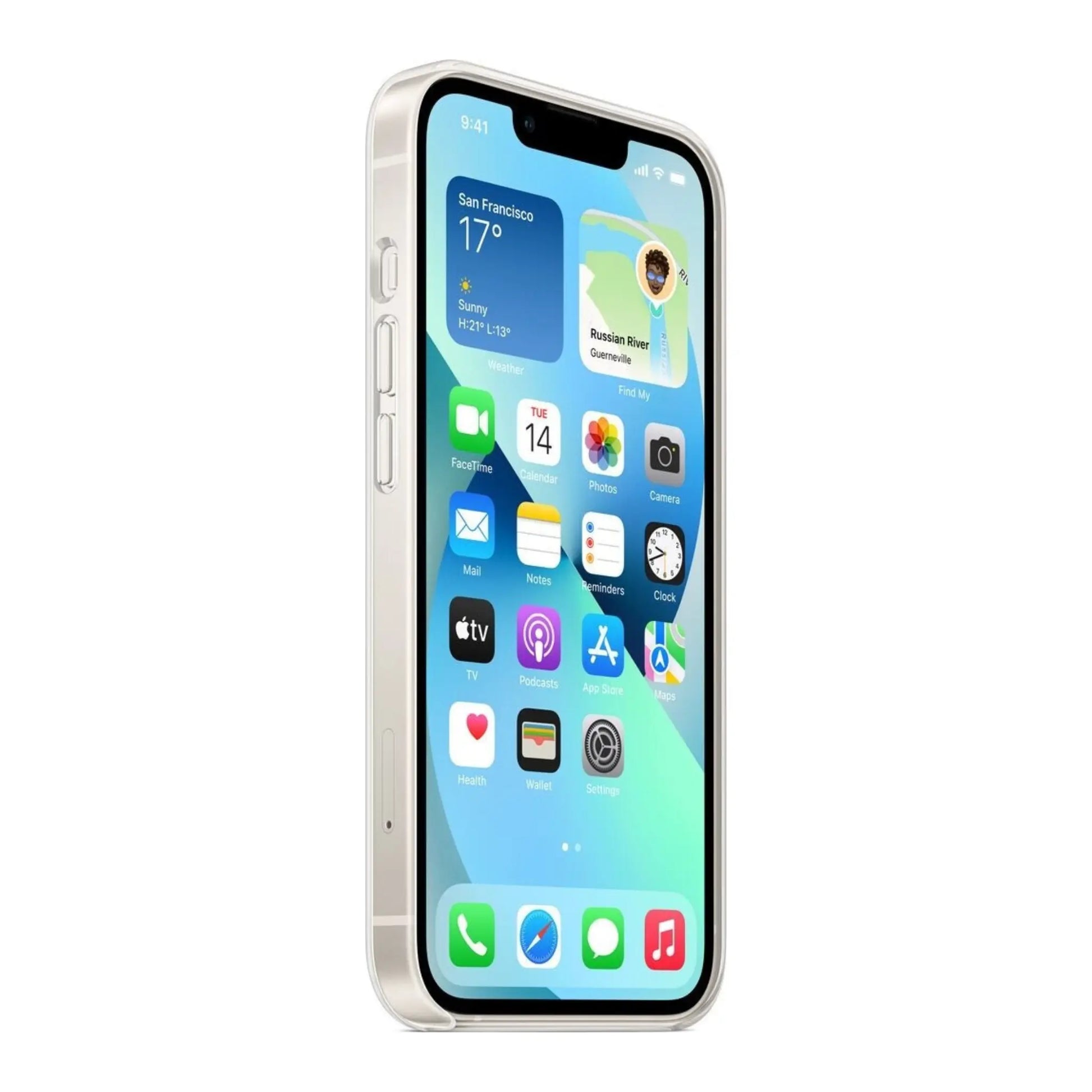 Das Bild zeigt die Apple iPhone Handyhülle MM2X3ZM/A aus Polykarbonat. Sie ist kompatibel mit dem iPhone 13. In der Farbe Transparent aus der Seitenansicht.