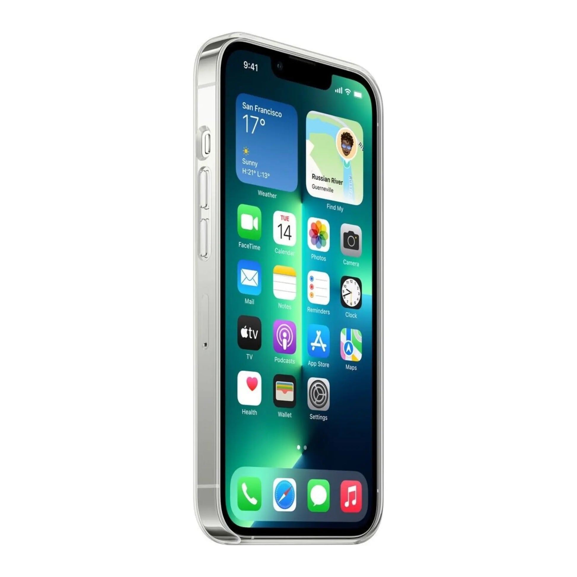 Das Bild zeigt die Apple iPhone Handyhülle MM2Y3ZM/A aus Polykarbonat. Sie ist kompatibel mit dem iPhone 13 Pro. In der Farbe Transparent aus der Seitenansicht.