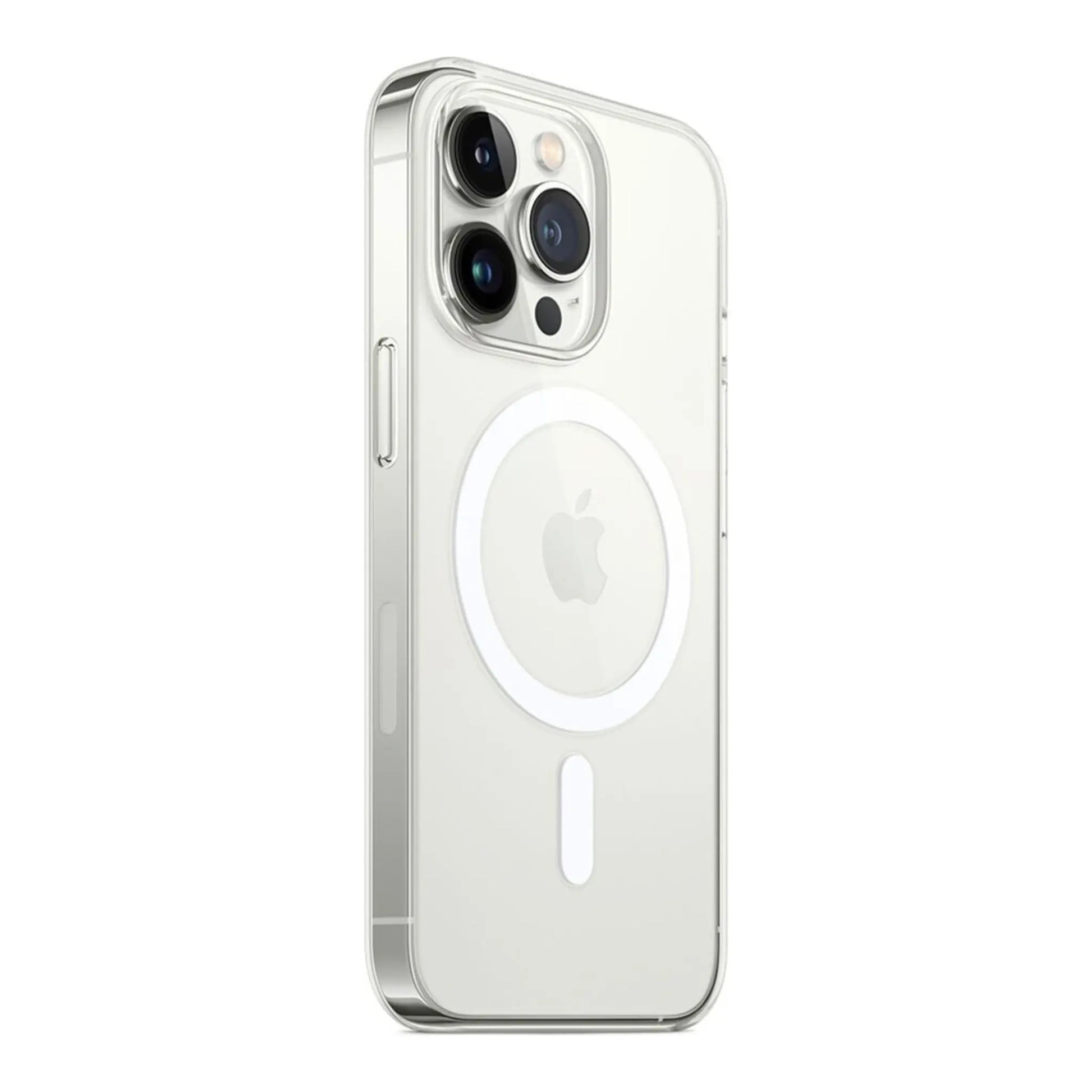 Das Bild zeigt die Apple iPhone Handyhülle MM313ZM/A aus Polykarbonat. Sie ist kompatibel mit dem iPhone 13 Pro Max. In der Farbe Transparent aus der Schrägansicht.