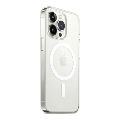Das Bild zeigt die Apple iPhone Handyhülle MM313ZM/A aus Polykarbonat. Sie ist kompatibel mit dem iPhone 13 Pro Max. In der Farbe Transparent aus der Schrägansicht.