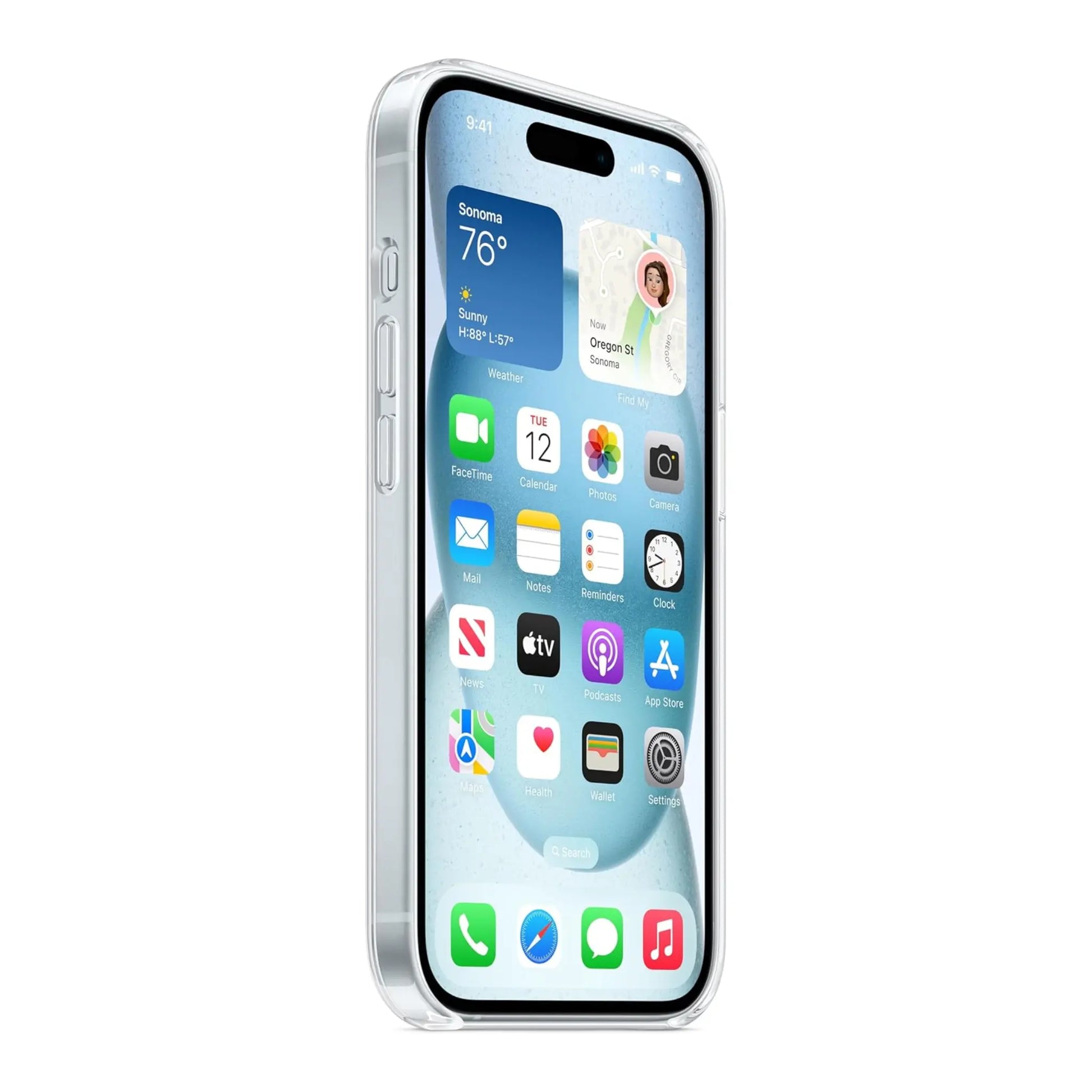 Das Bild zeigt die Apple iPhone Handyhülle MXRK3ZM/A aus Polykarbonat. Sie ist kompatibel mit dem iPhone 15. In der Farbe Transparent aus der Seitenansicht.